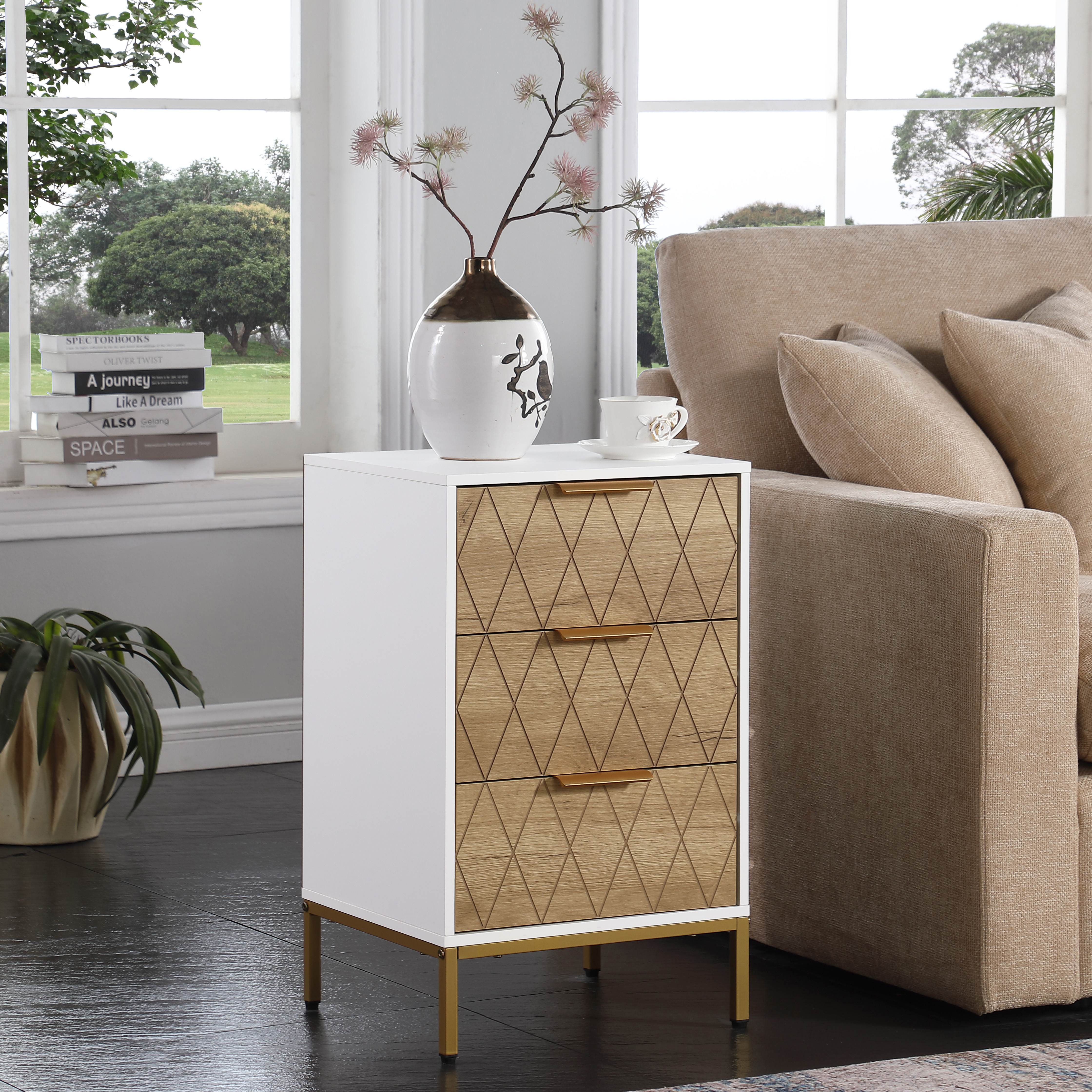 Nightstand with 3 Drawers, Mid-Century Modern End
