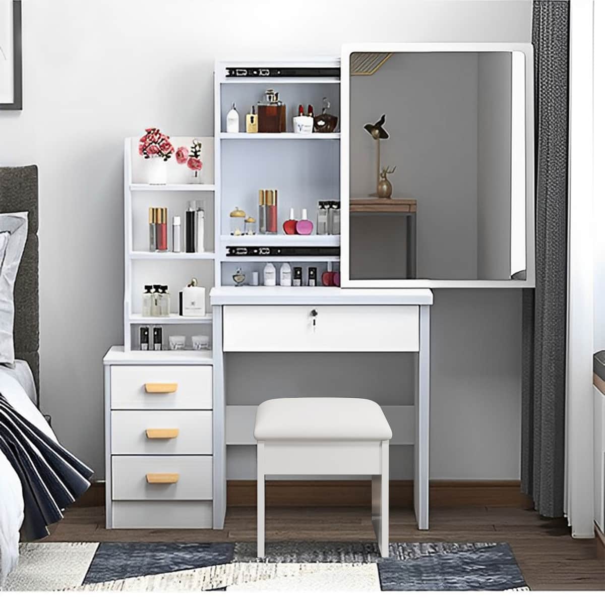 Fashion Vanity Desk with Mirror and Lights for Makeup and Chair, Vanity Mirror