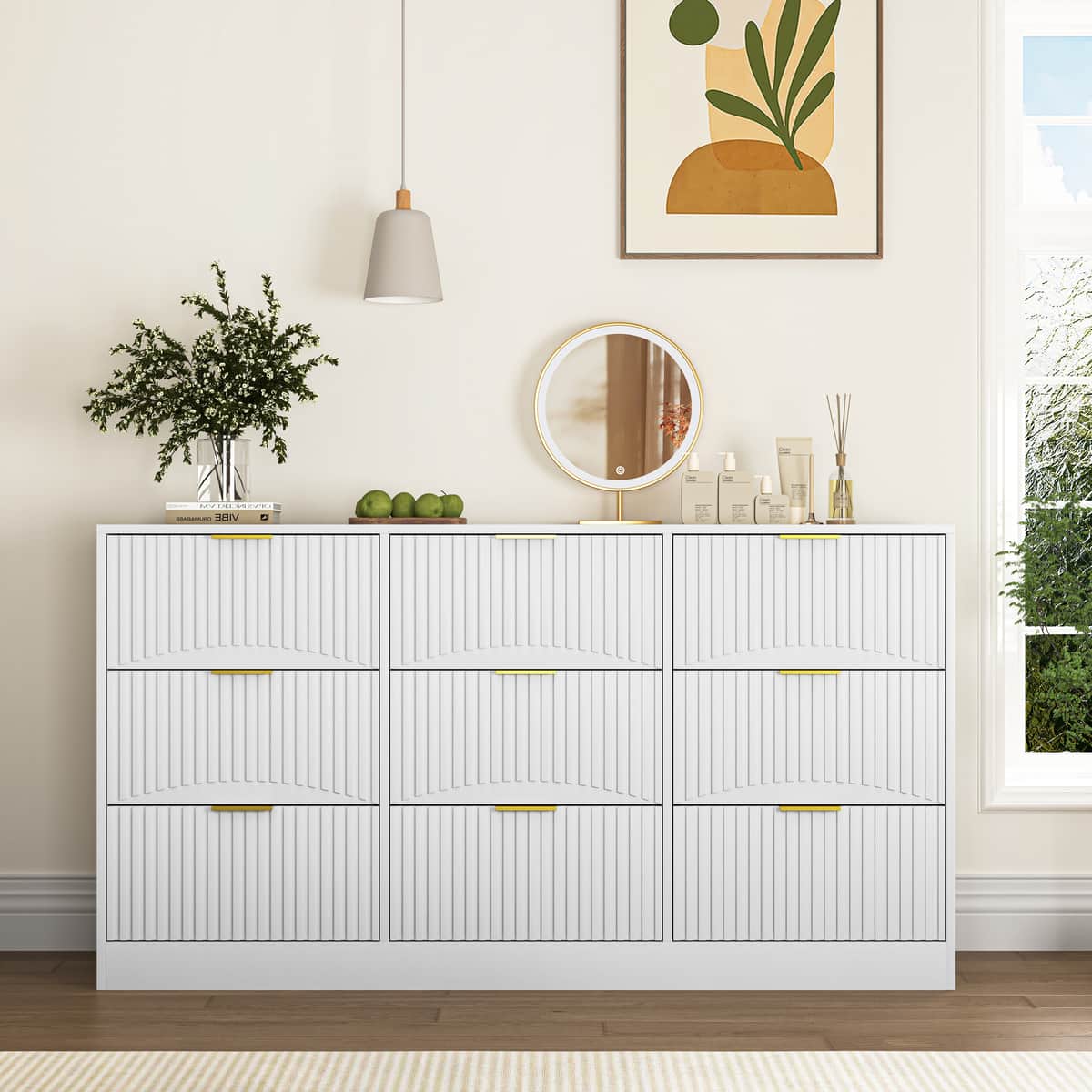 White 9 Drawer Dresser, 63" Large Deep Chest of