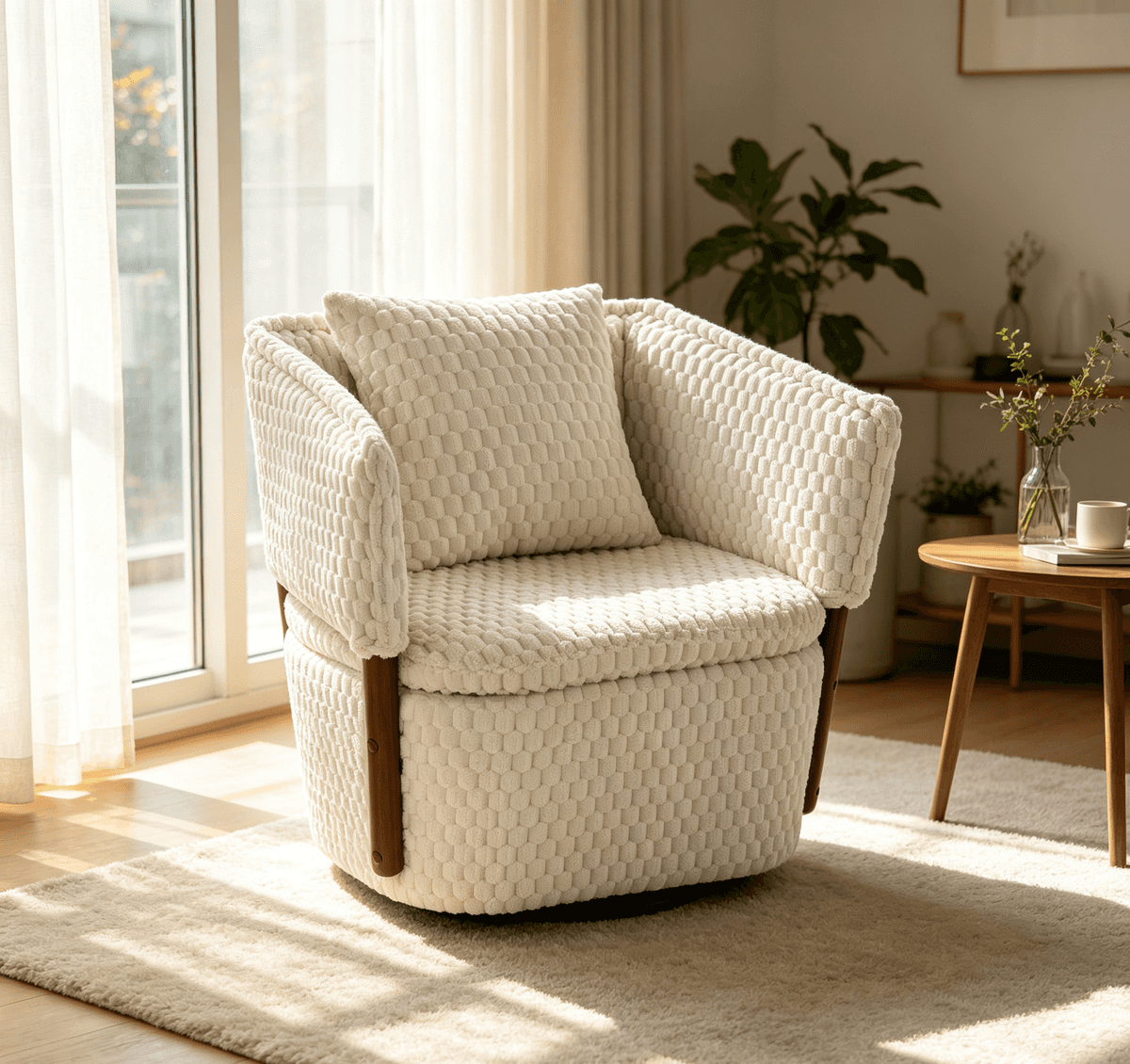 Mid Century Modern Accent Chair with Solid Wood Frame, Upholstered, Swivel