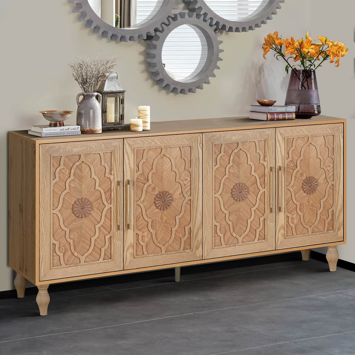 Carved Flower Door Large Storage Cabinet With Metal