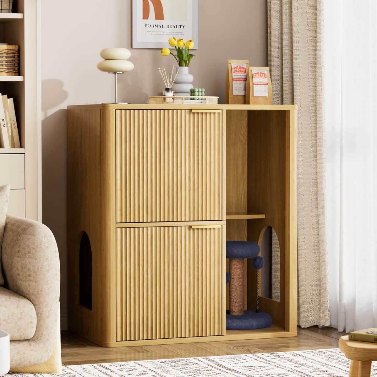 31.5-inch Light Wood Cat Litter Cabinet with Cat Tree - Grooved Concealed