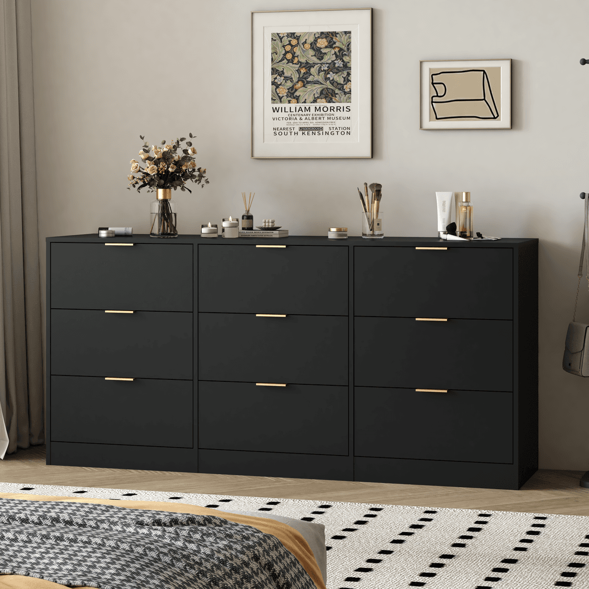 Black 9 Drawer Dresser, 63" Large Deep Chest of Drawers, Wooden Dresser Storage