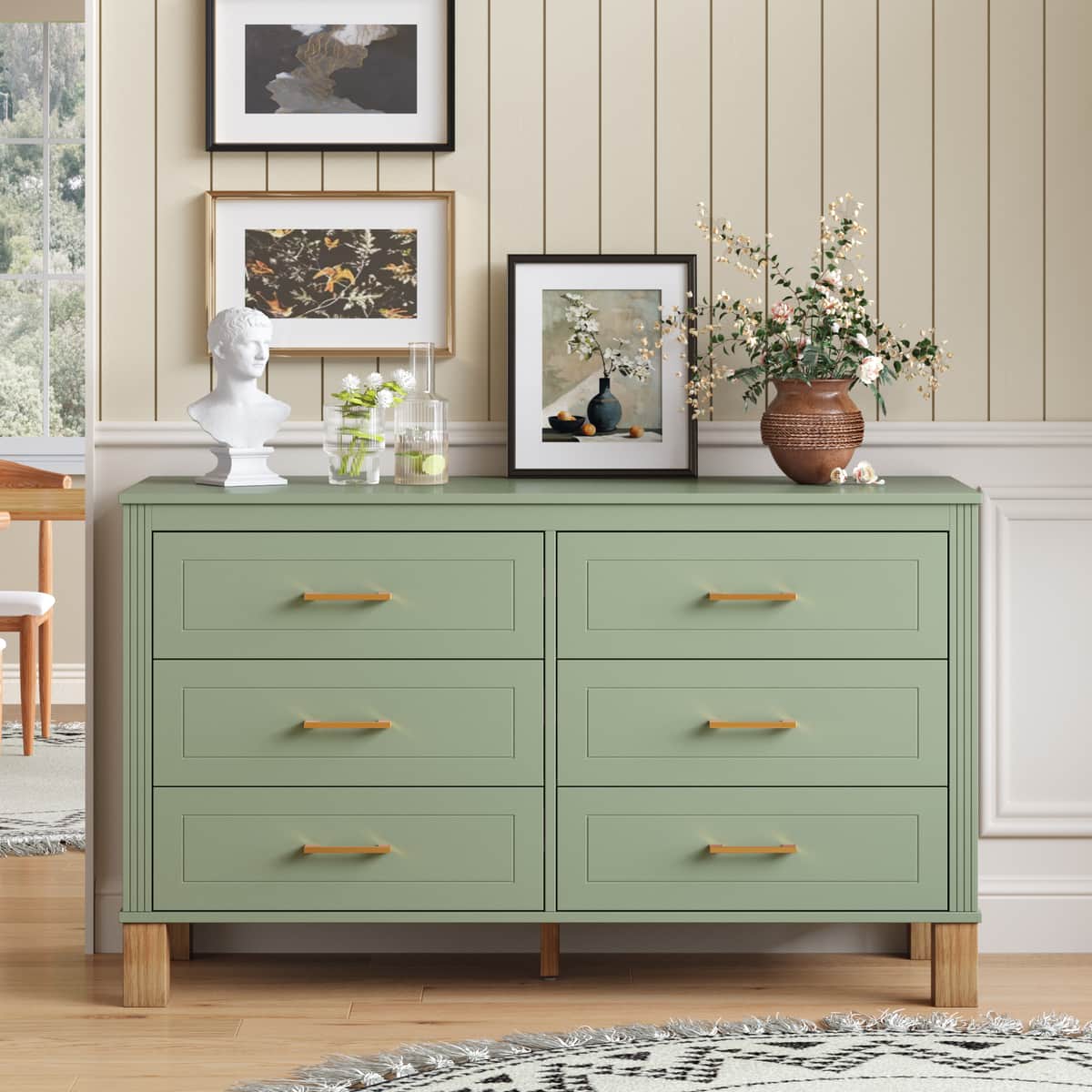 6-Drawer Double Dresser in Sage Green, Modern Storage Cabinet with Metal