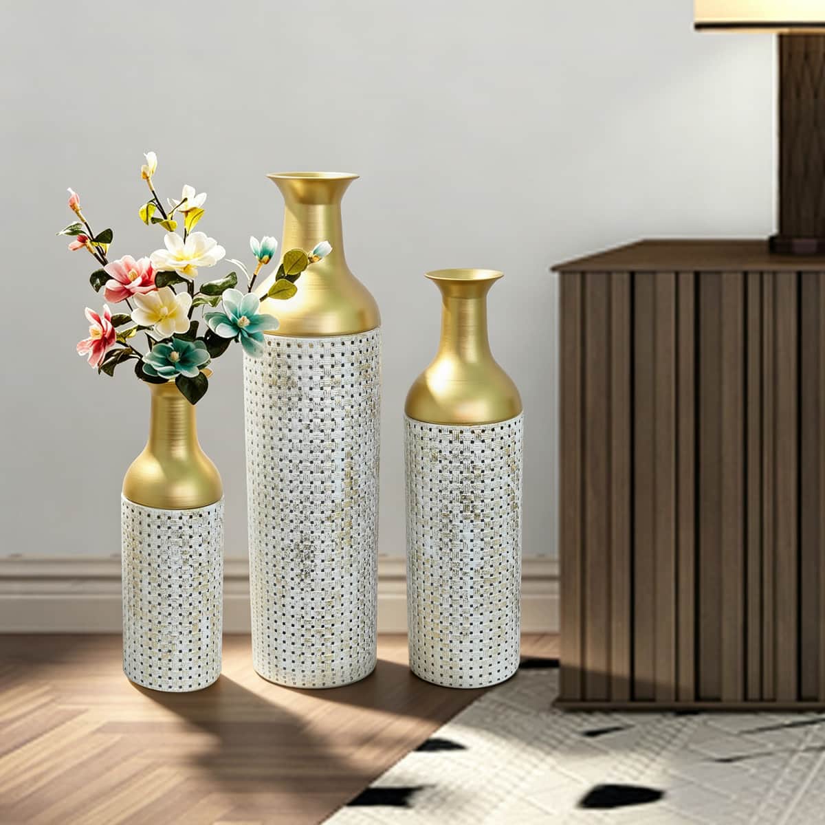 Decorative Metal Vases Set of 3, Gold Leaf Pattern Floor Vases, White & Gold