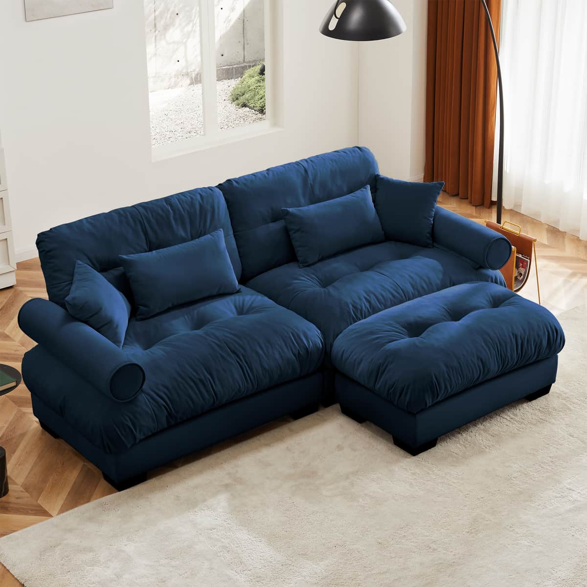 Over Size Modern Two-seater Sofa with Ottoman, Velvet