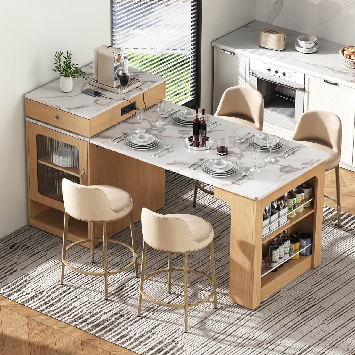 59.5"Kitchen Island with Extendable Dining Table, Kitchen Storage Table