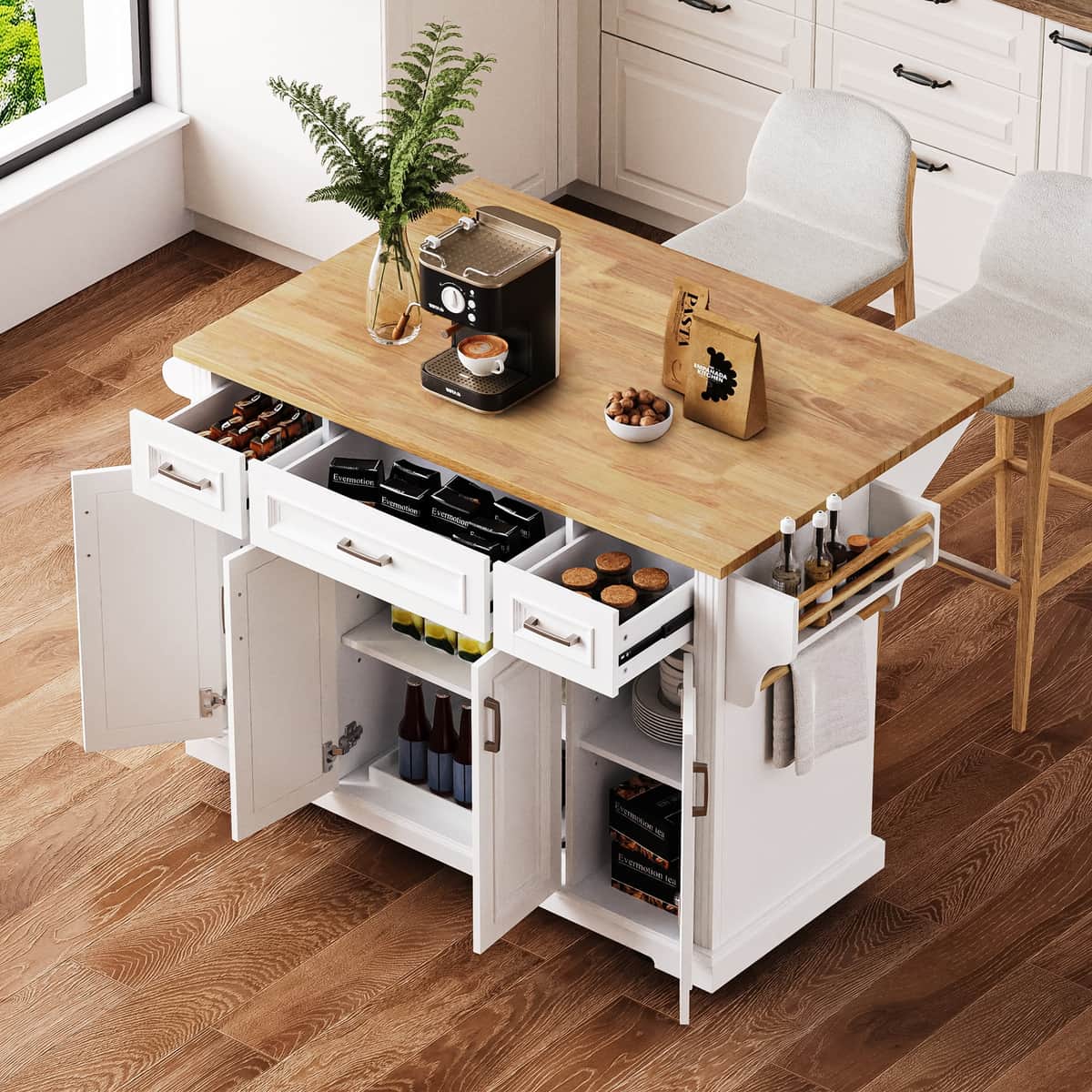54inch Large Kitchen Island with Rubber Wood Drop Leaf, Embossed Texture