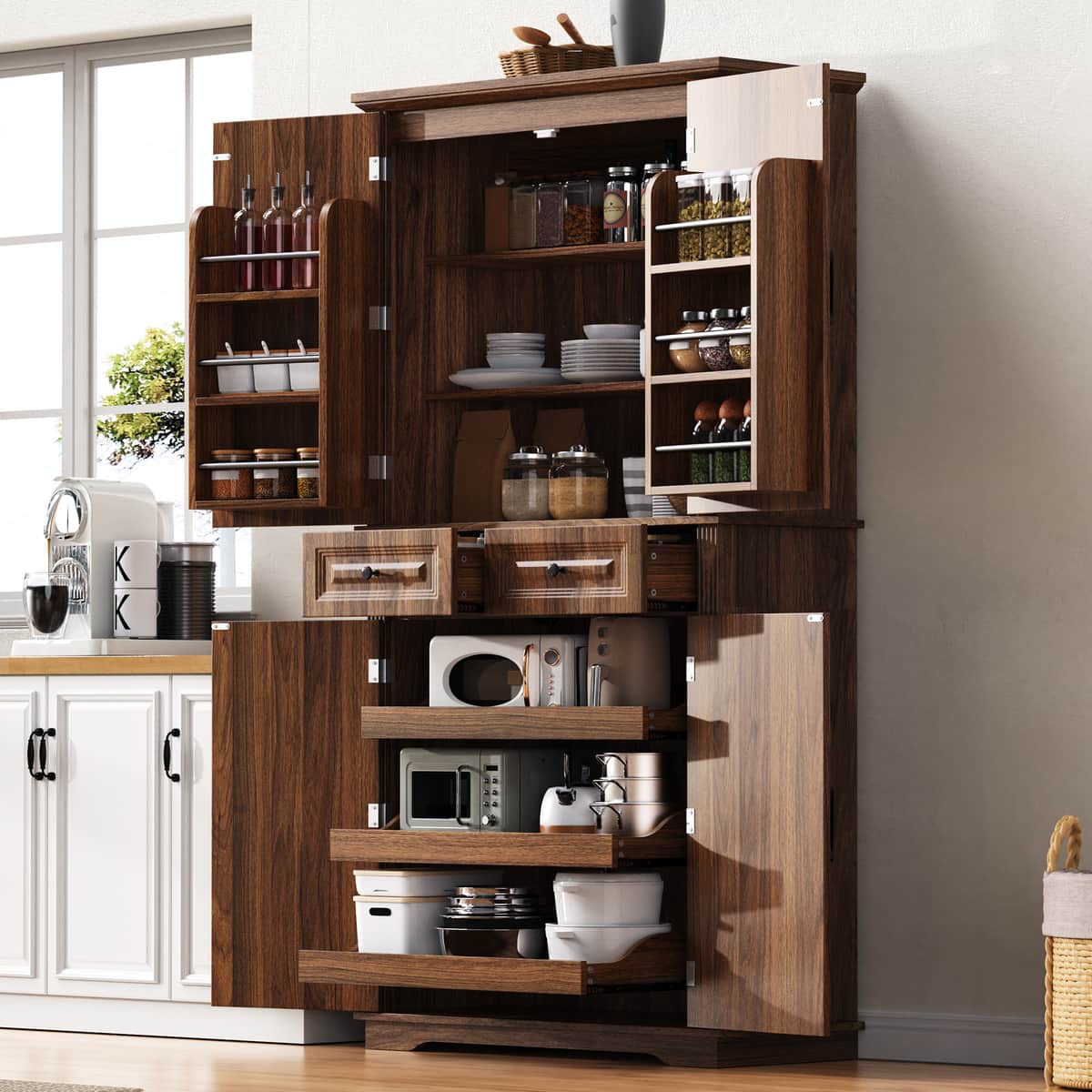 71" Tall Kitchen Pantry Cabinet with 3 Pull Out Cabinet Organizers, Farmhouse