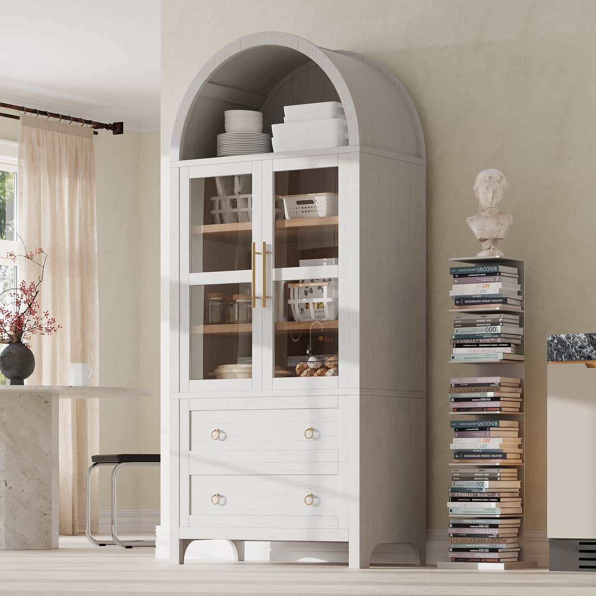 71" Tall Arched Kitchen Pantry Cabinet with 2 Large Drawers, Modern Farmhouse