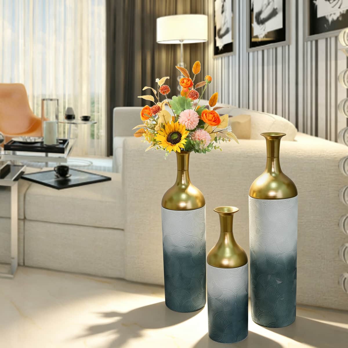 Decorative Metal Vases Set of 3, Gold Leaf Pattern Floor Vases, Antique grey