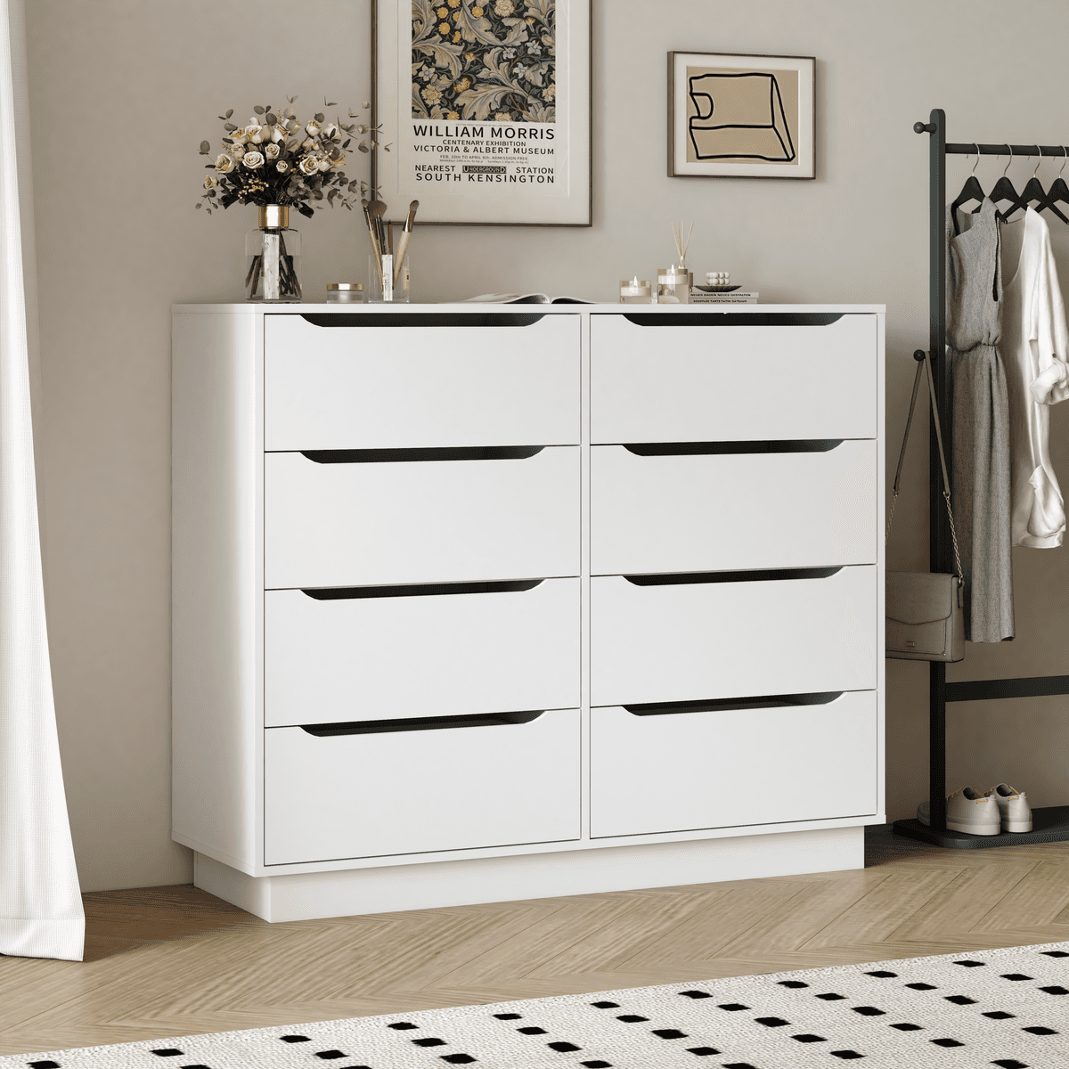 White Dresser for Bedroom, Long Dresser with 8 Drawers, 47.2''W Wooden Dressers