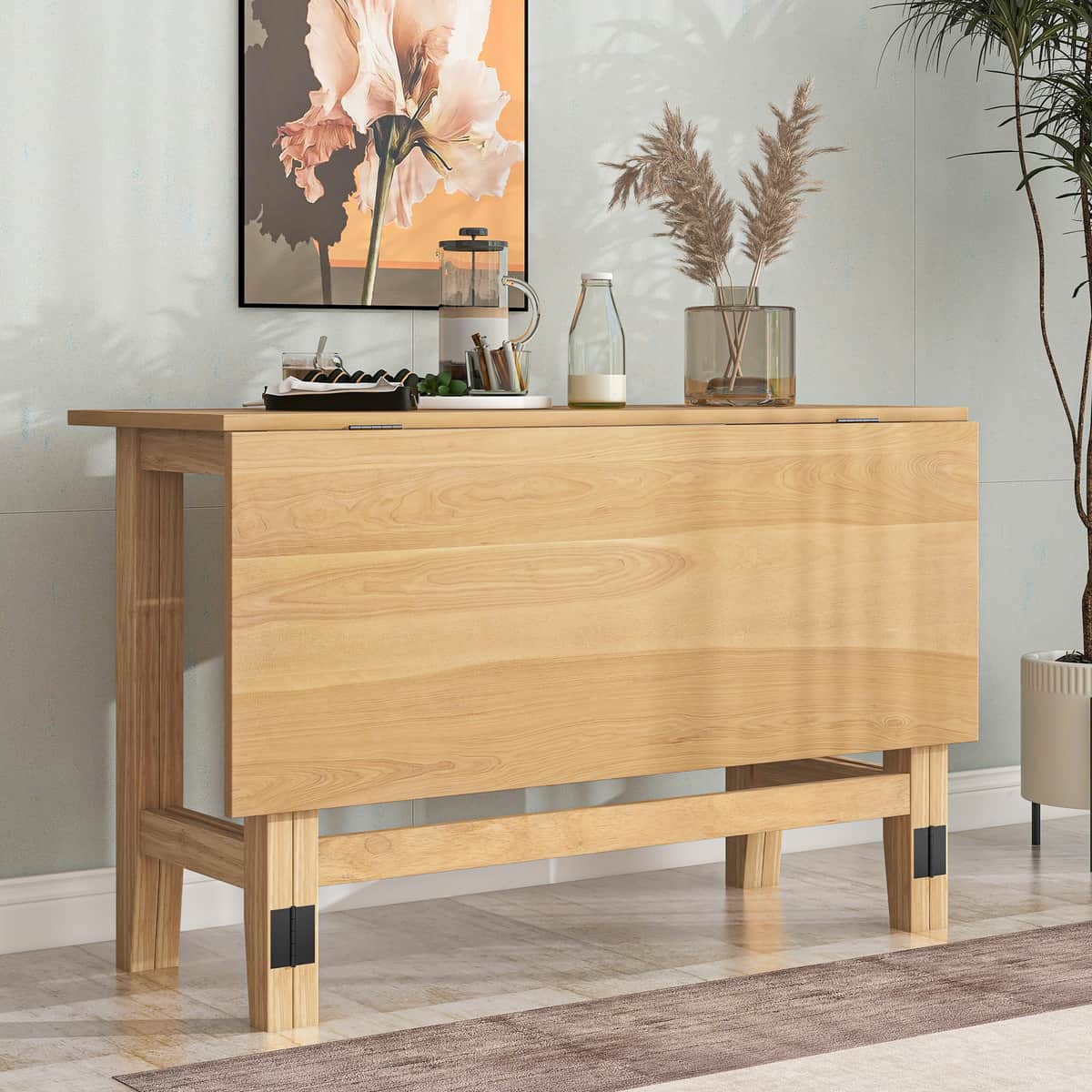 Farmhouse Wood Extendable Dining Table with Drop Leaf for Small Places