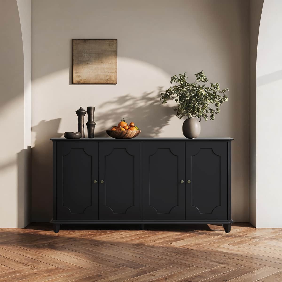 Black Farmhouse Sideboard Buffet Cabinet, 4 Door Vintage Storage Credenza