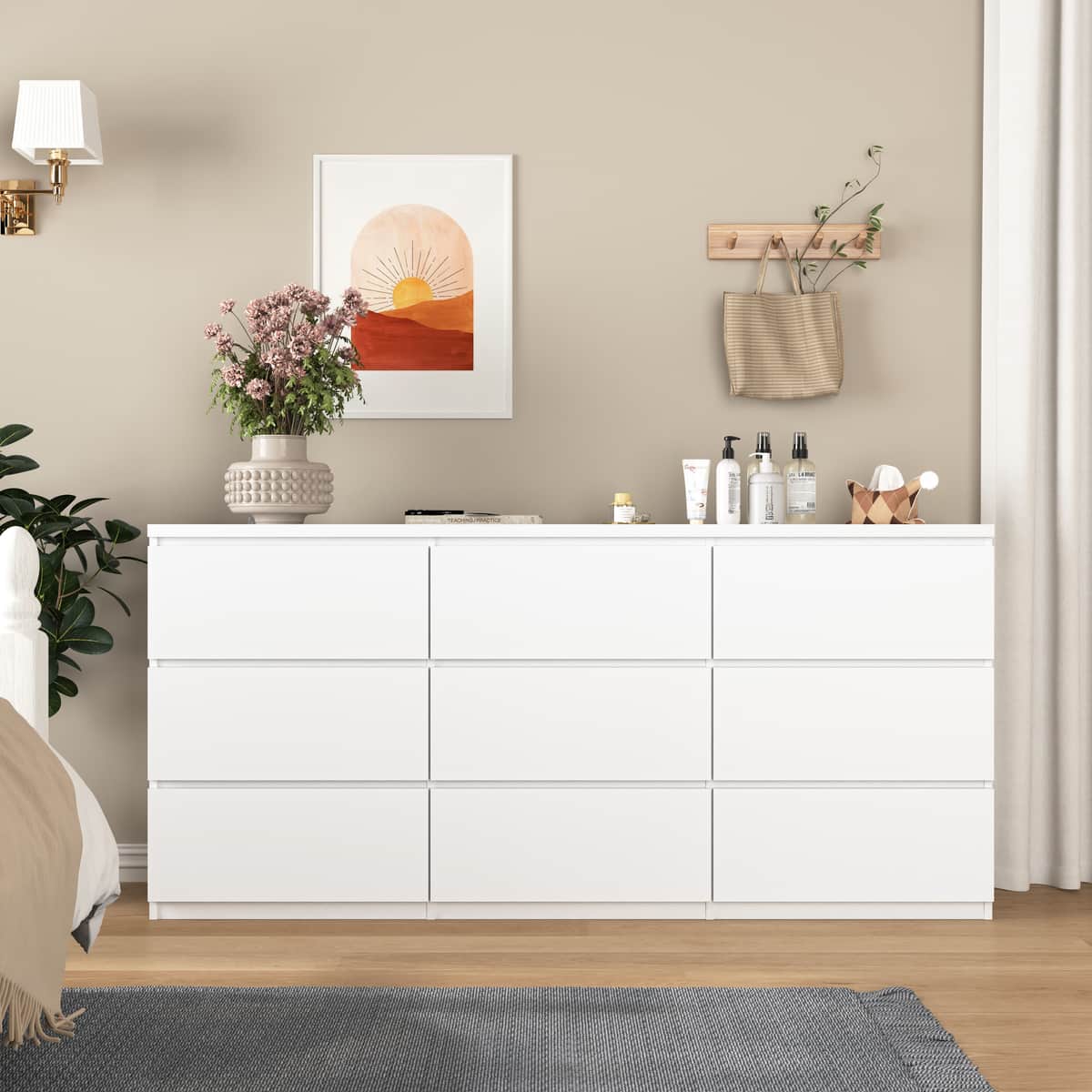 9 Drawer Dresser with No Handle Design, Modern White