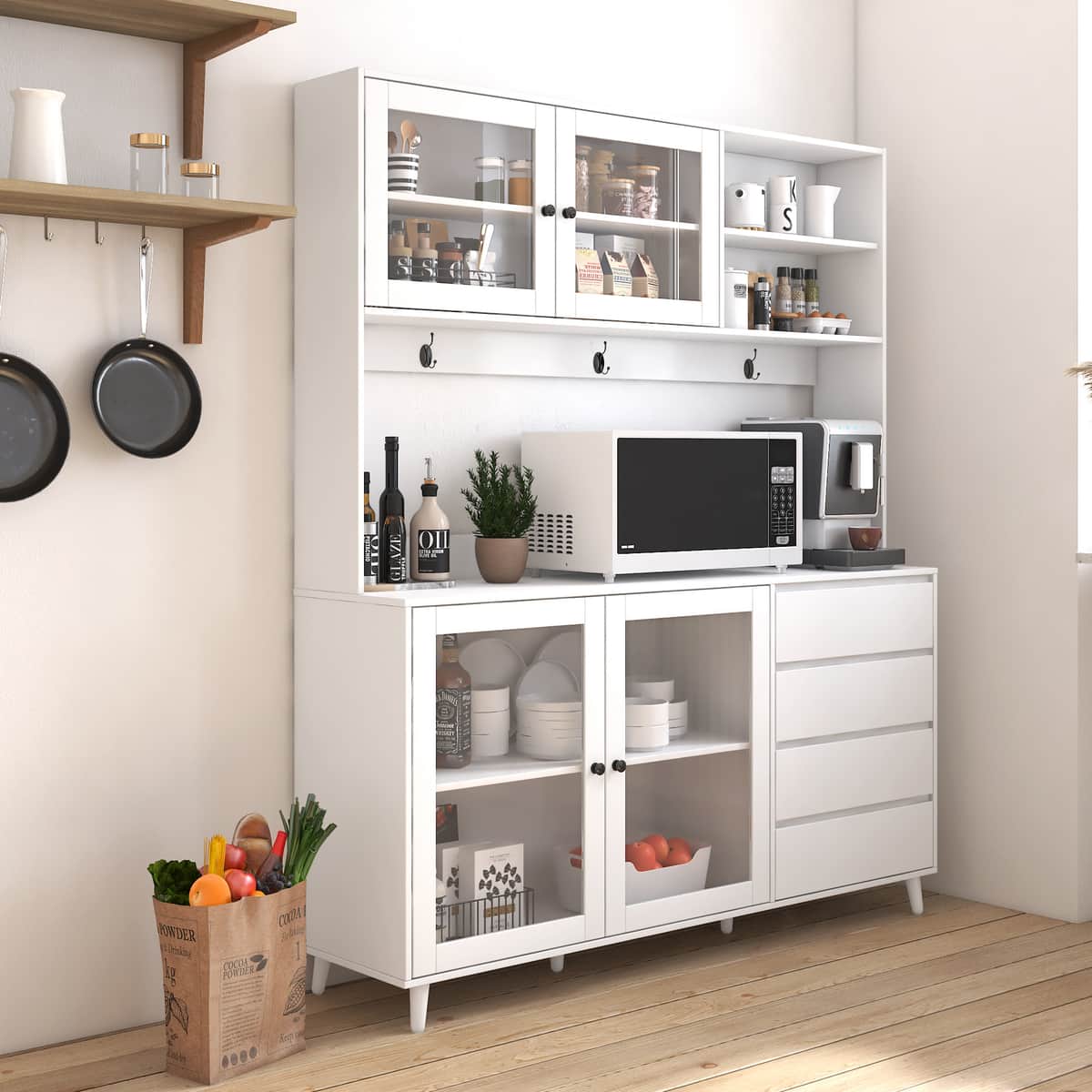 63" W Large Kitchen Hutch Cabinet, Freestanding Pantry Cabinets Storage Kitchen
