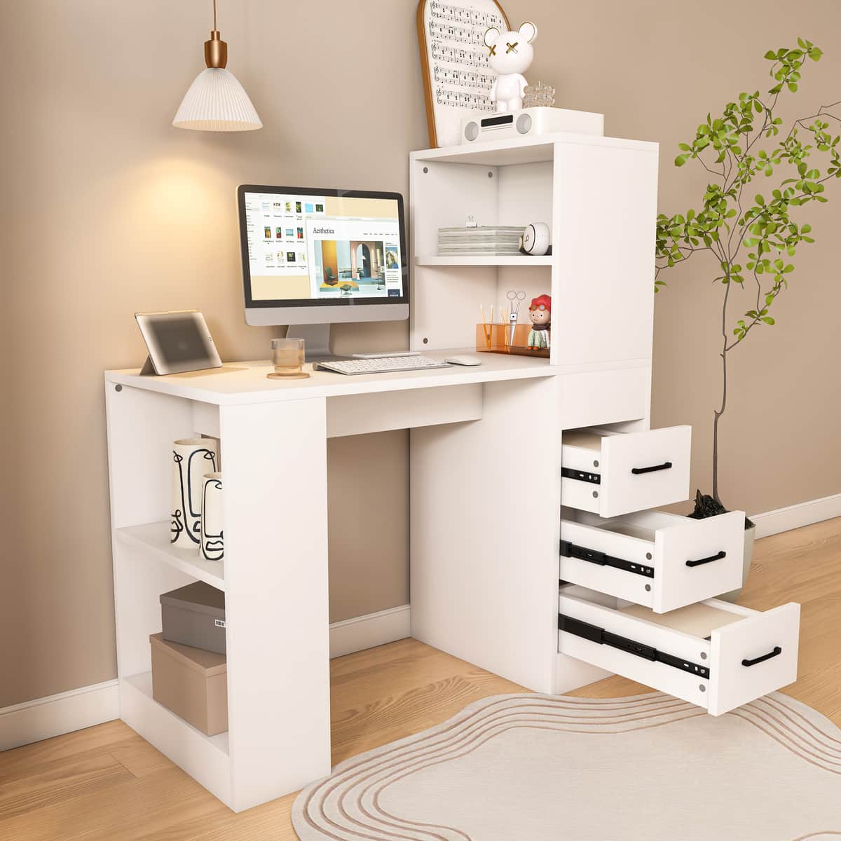 White Computer Desk with 4-in-1 Socket, the Desk with 3 Slide Drawers and 4