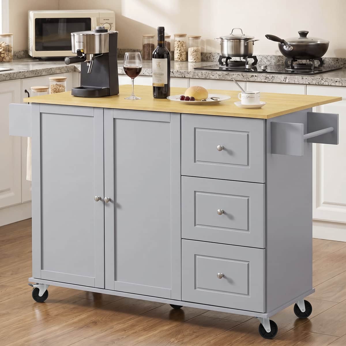 52.7" Kitchen Island with Storage & Drop Leaf, Rolling Kitchen Island Cart
