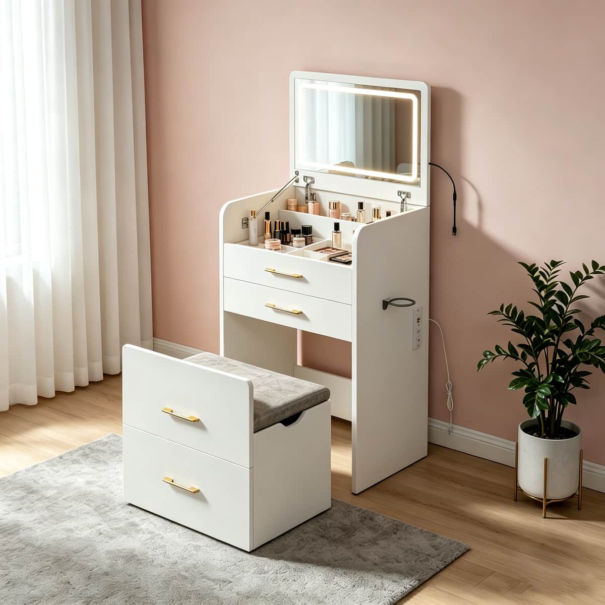 3-in-1 Vanity Desk with Power Outlet & LED Mirror
