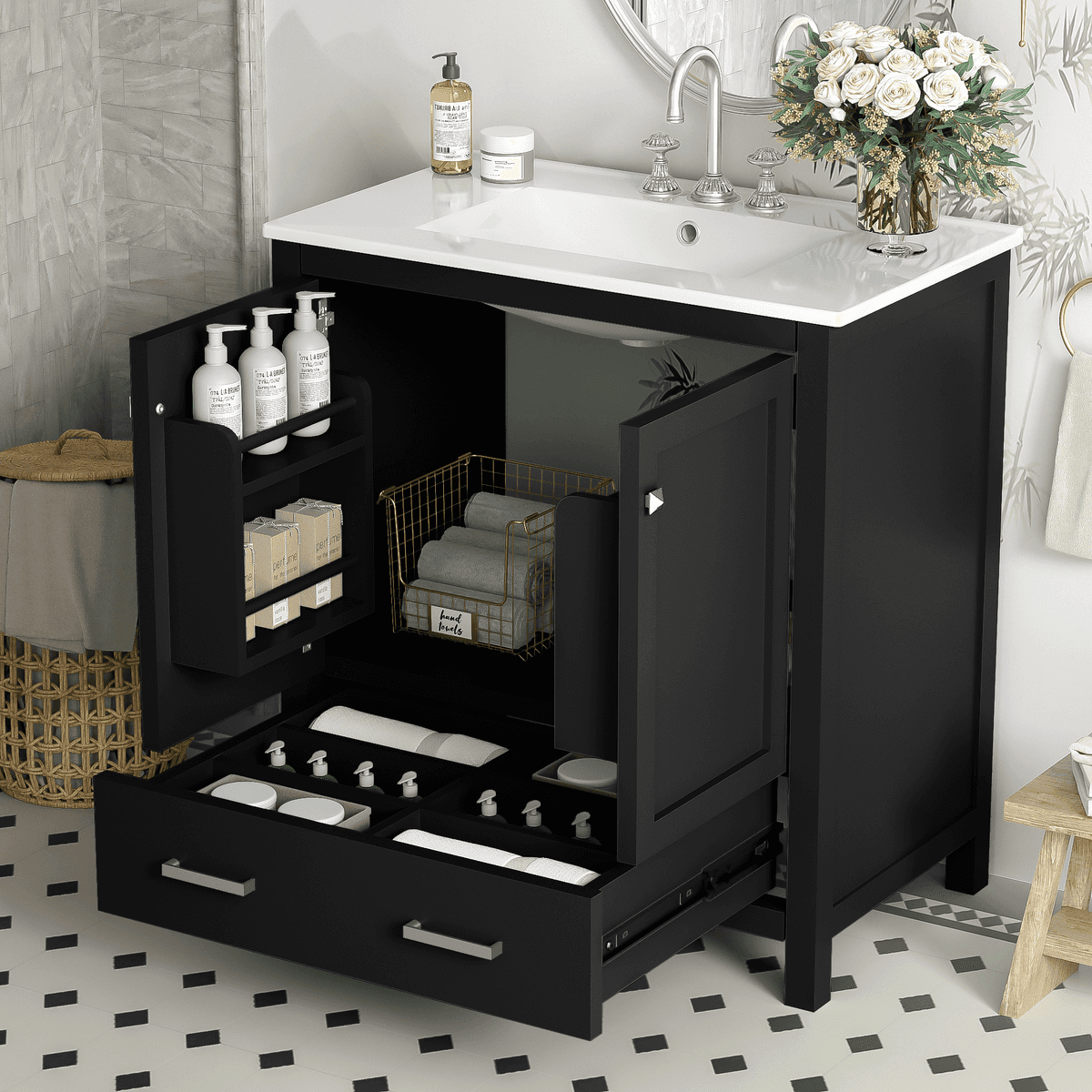 30" Black Bathroom Vanity with Single Sink, Combo