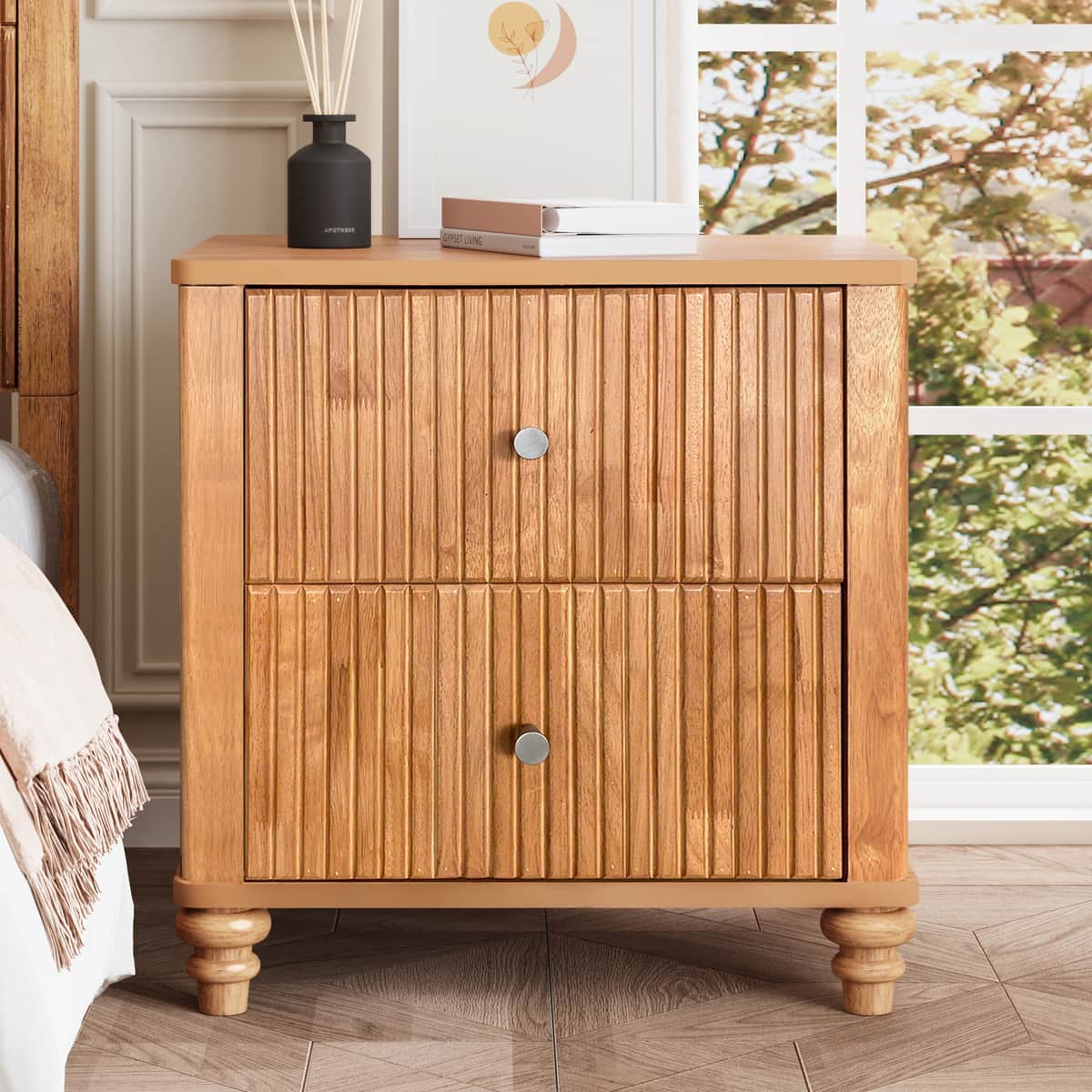 Fluted Nightstand, 21.65" Wide Side Table with 3 Drawers, Mid Century Modern