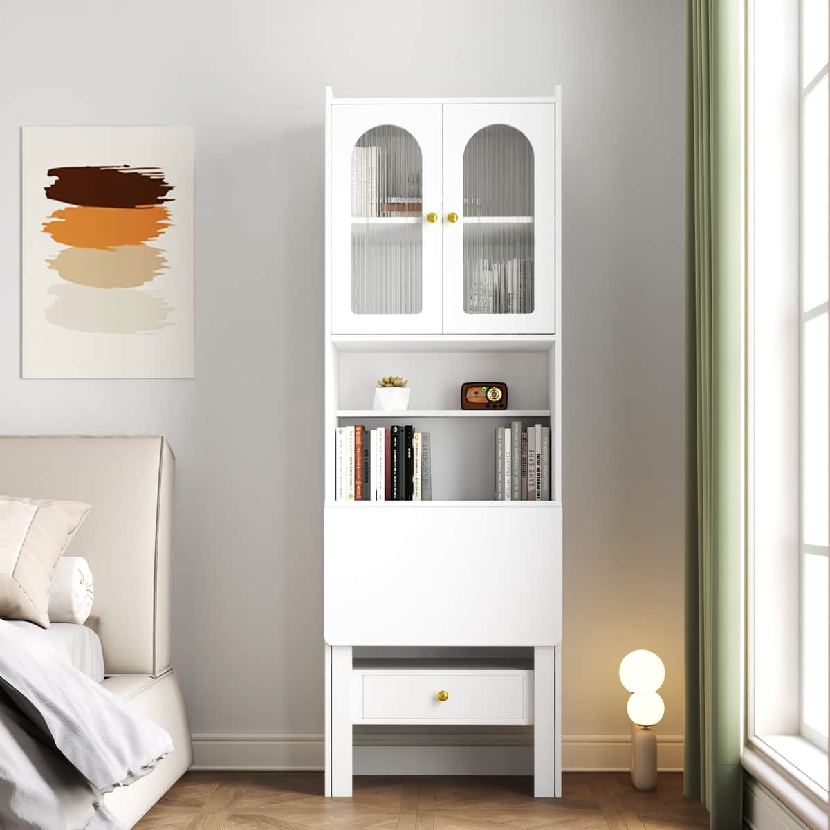 Fold-Out Convertible Writing Table, Desk Cabinet with shelf and drawer Multi
