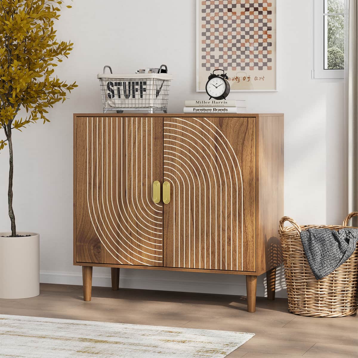 Walnut Wood Buffet Cabinet with Line Groove