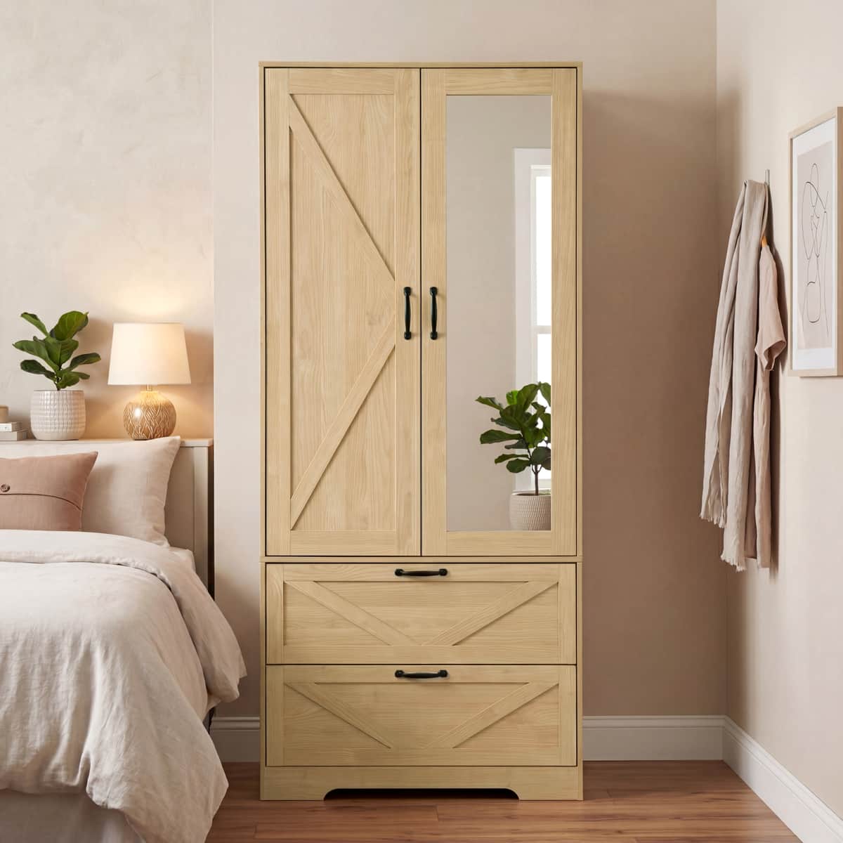 2 Door Wood Wardrobe for Bedroom with Hanging Clothing Rod inside the Cabinet