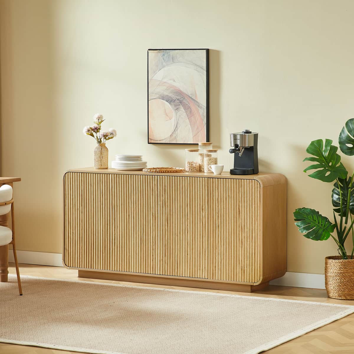 64" Buffet Sideboard Cabinet with Storage, Modern Vertical Fluted Entryway