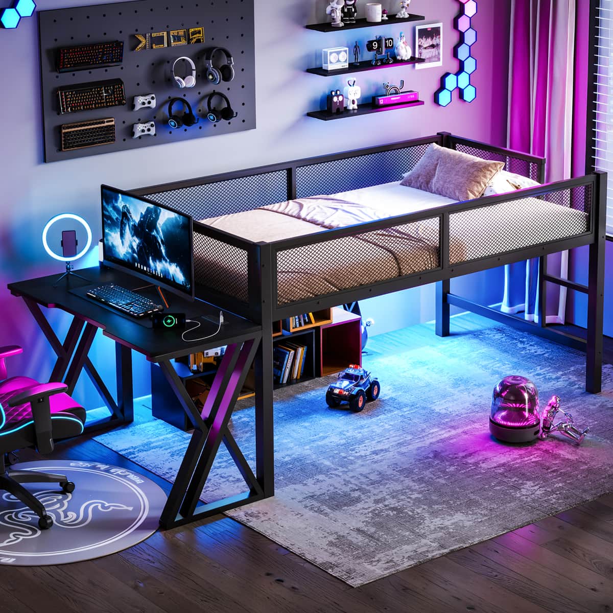Twin XL Size Gaming Loft Bed with Desk of X-shaped leg , LED Lights, USB Ports