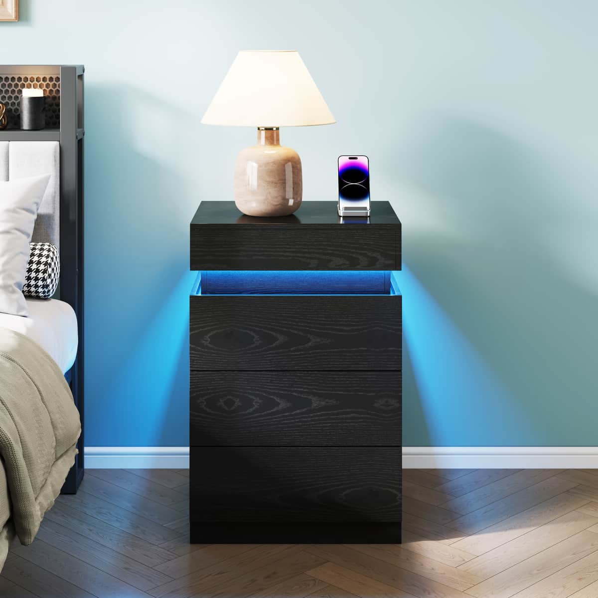 Nightstand with Built-In Charging Station and LED Lighting, 3-Drawer