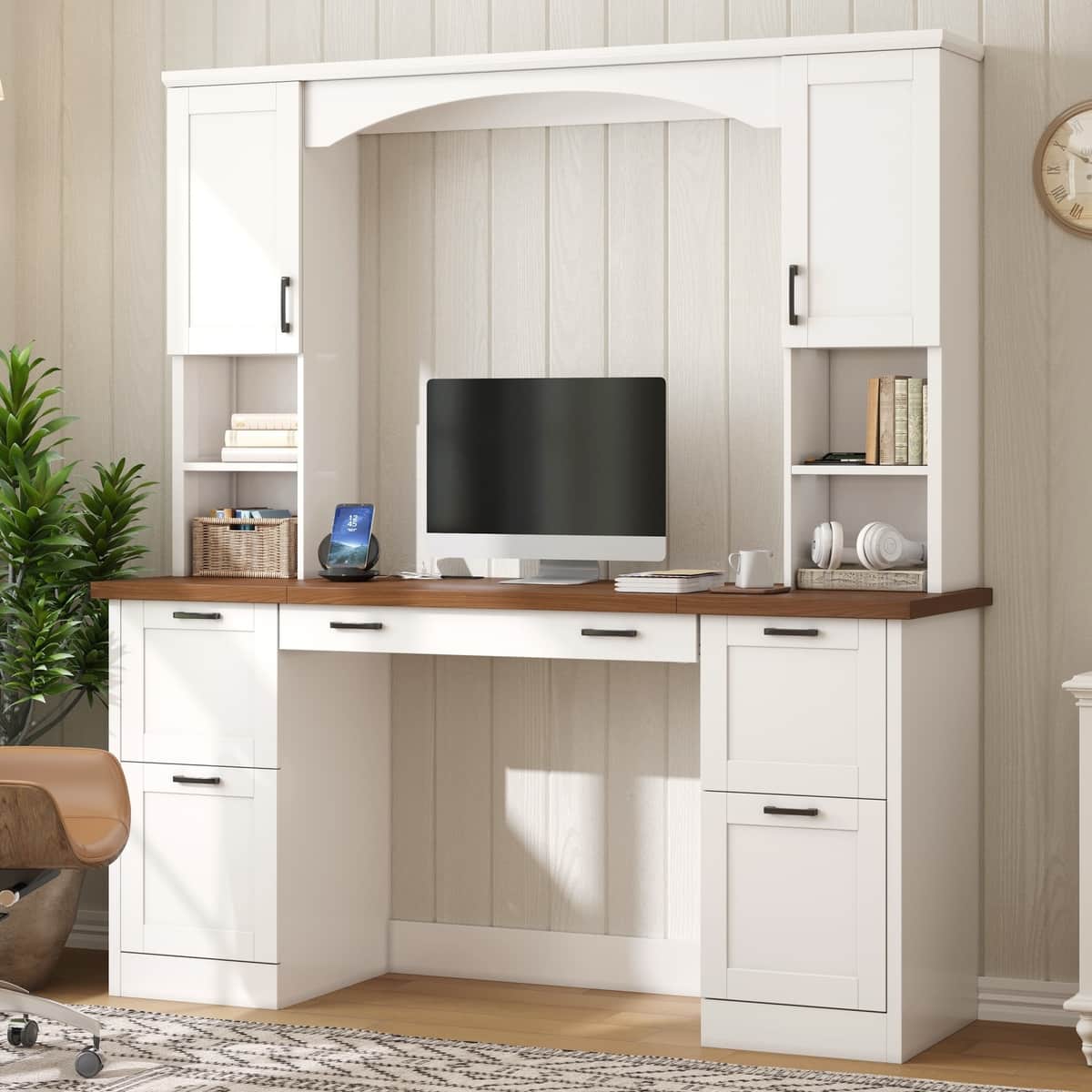 ON-TREND Farmhouse Arched Computer Desk with Hutch, Mid-Century Walnut Home