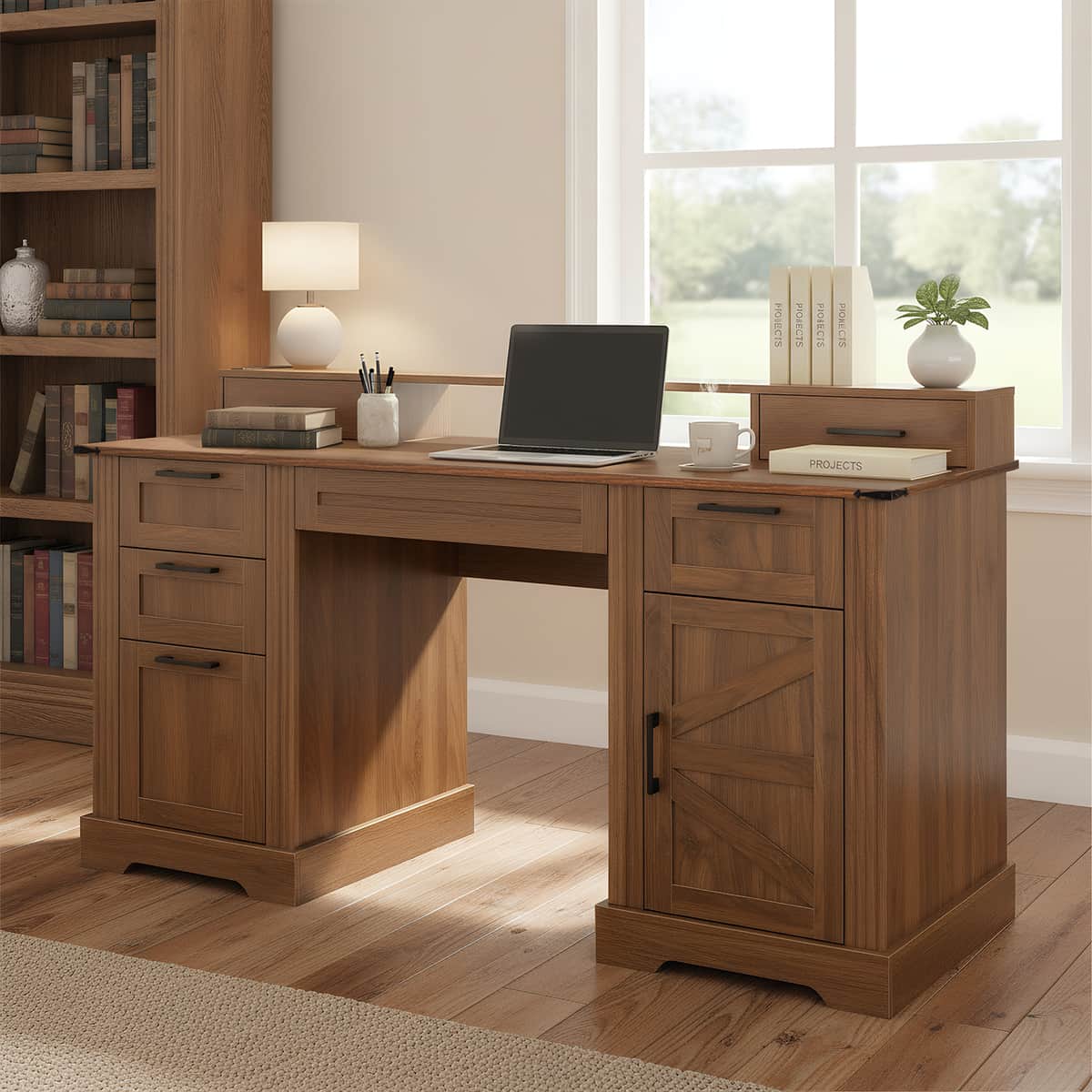 59" Farmhouse Office Desk With Charging Station & Storage Cabinet, Barn Door