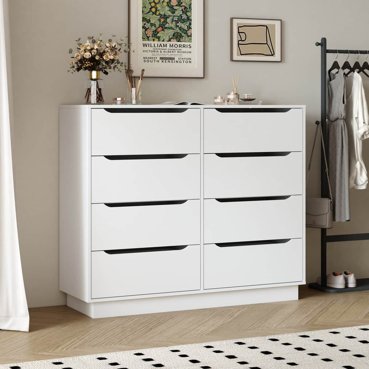 White Dresser for Bedroom, Long Dresser with 8 Drawers, 47.2''W Wooden Dressers