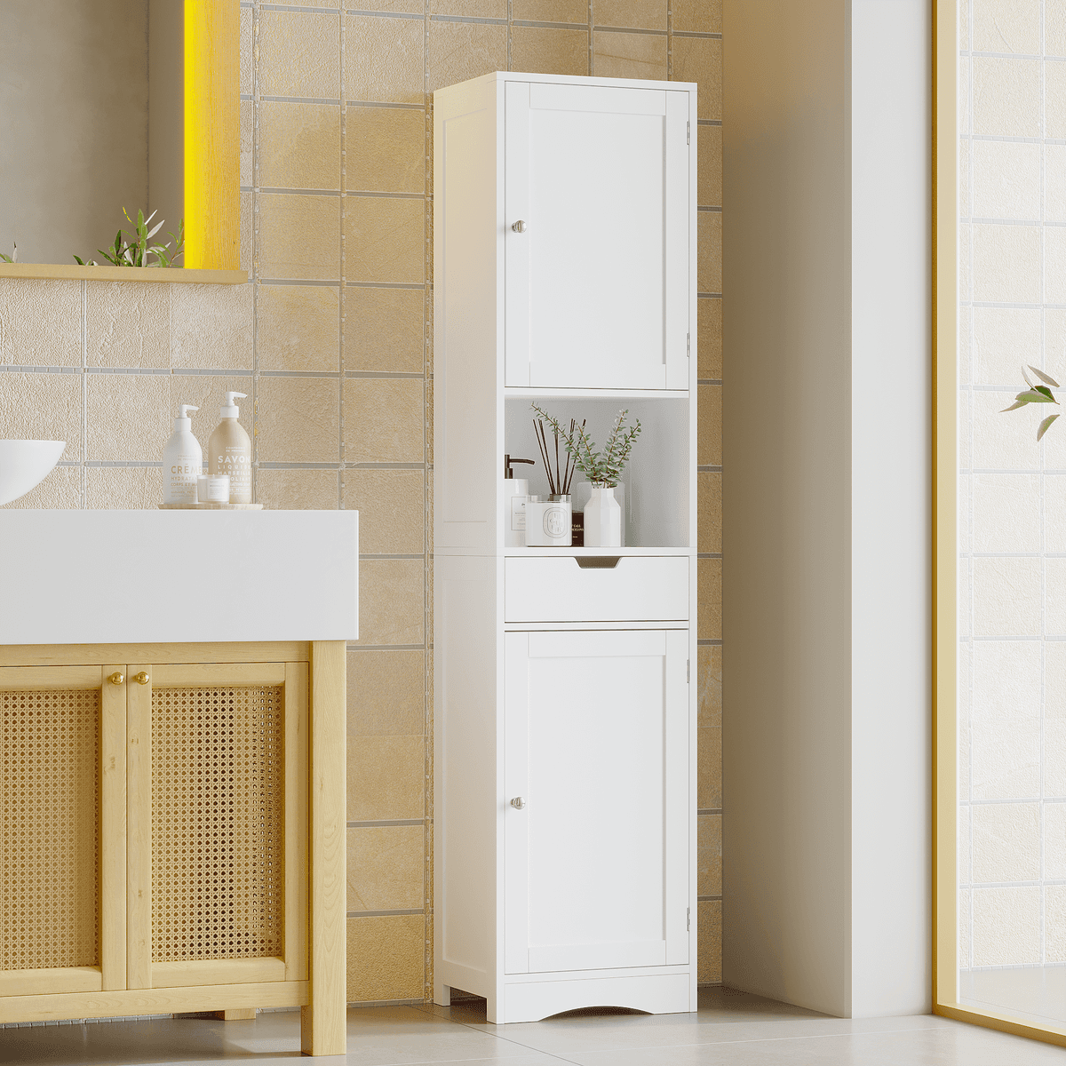 67" Tall Bathroom Cabinet, Storage Cabinet with 2 Doors & 1 Drawer, Narrow