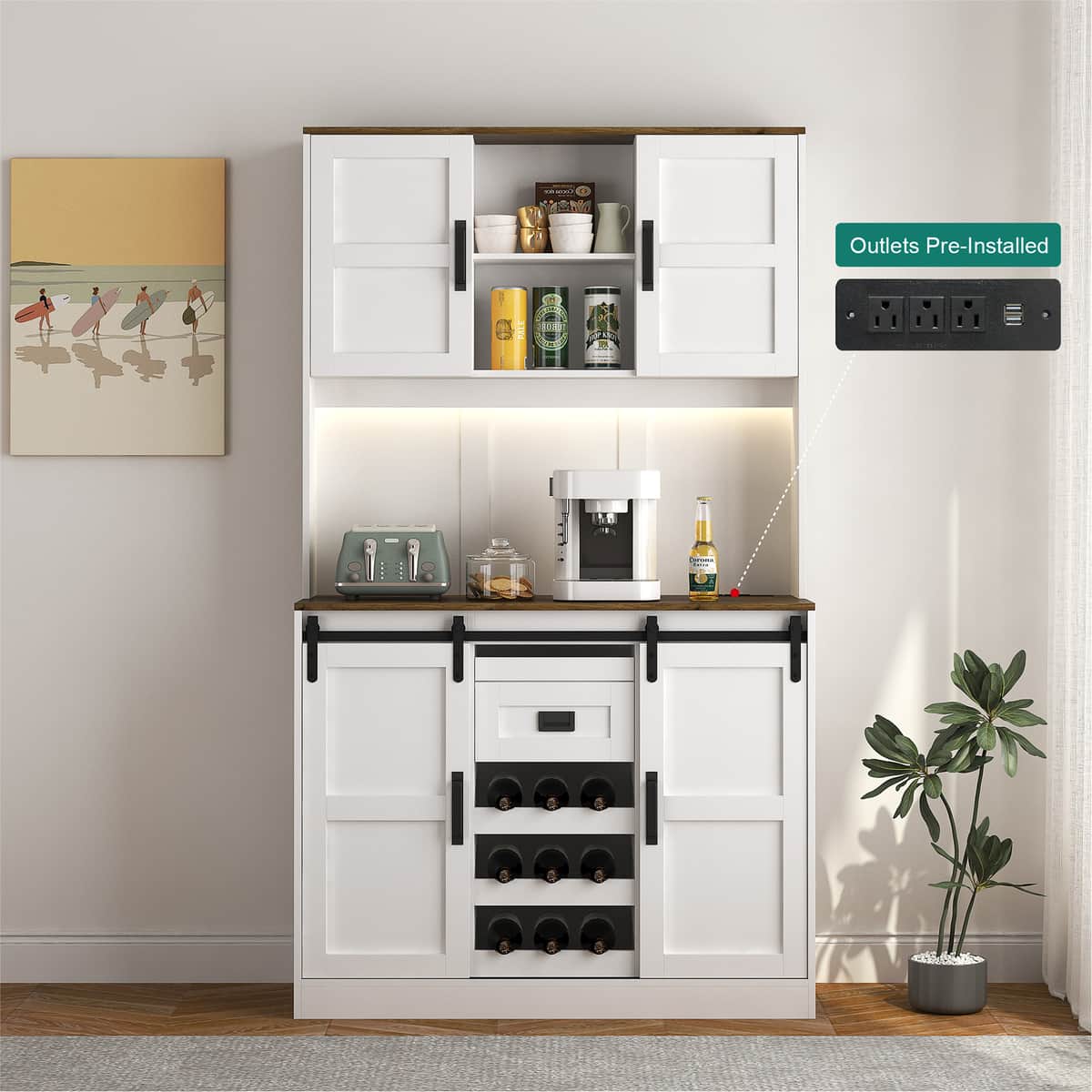 Farmhouse Bar Cabinet with Sliding Barn Door, Large Kitchen BuffetRustic Coffee