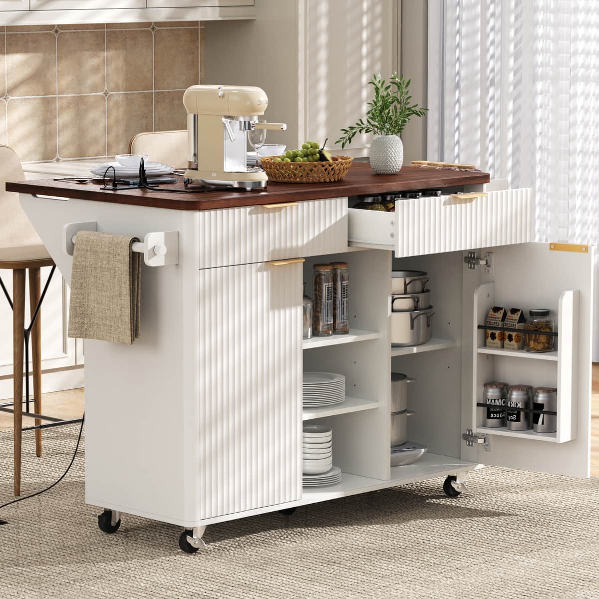 52" Fluted Kitchen Island with Drop Leaf, Power