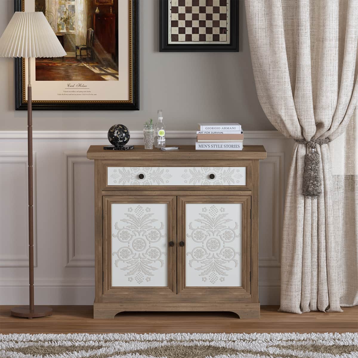 Rustic Vintage Accent Cabinet with Carved Floral Panels, Distressed Wood