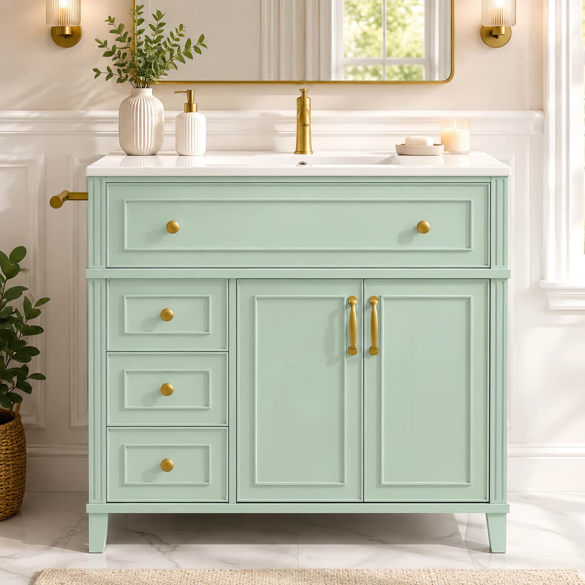 36 Inch Elegant Modern Bathroom Vanity with Sink, Sage Green Freestanding