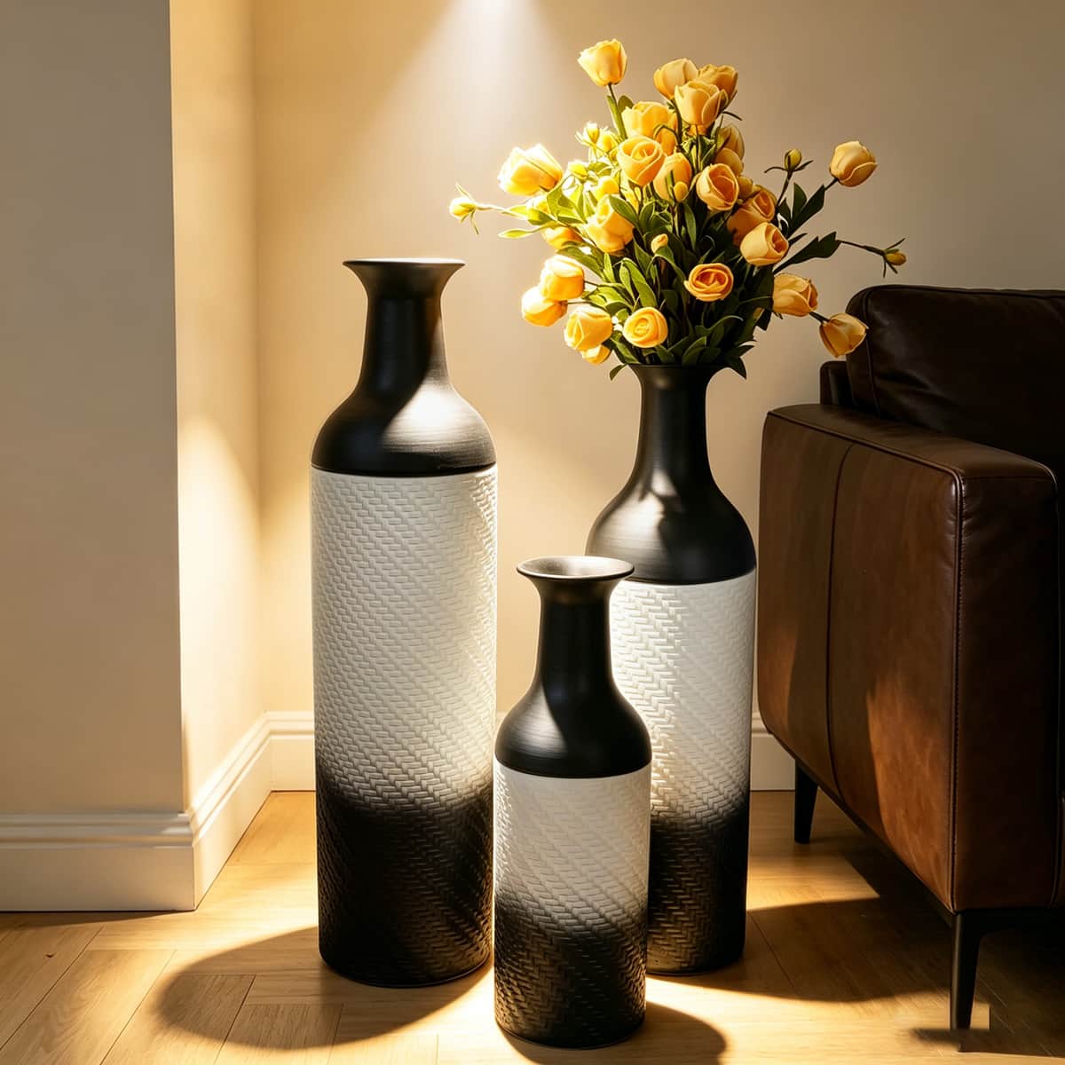 Decorative Metal Vases Set of 3, black Leaf Pattern Floor Vases, black & white