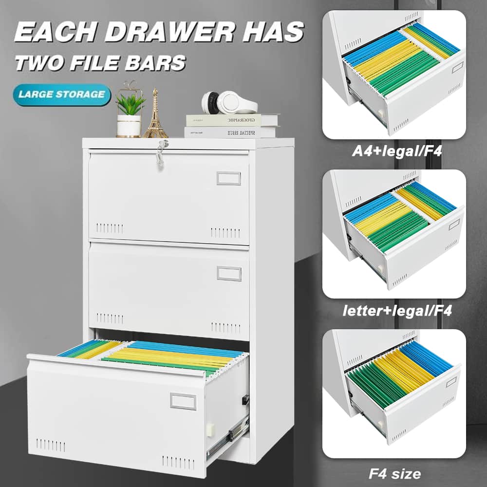 Filing Cabinet Lateral File Cabinet 3 Drawer, White Filing Cabinets with Lock