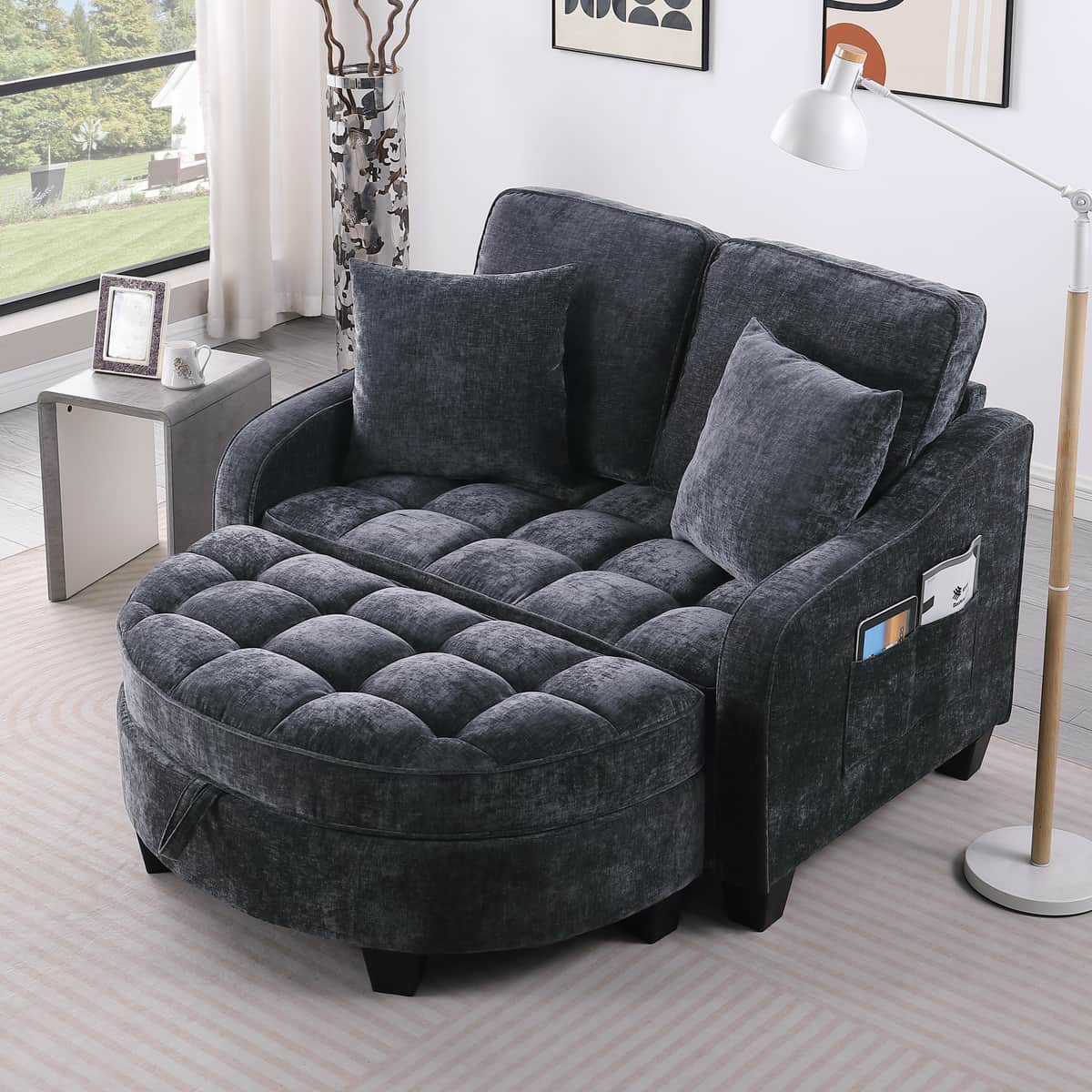 Two-seater sofa, double sofa chaise longue, with irregular armrests