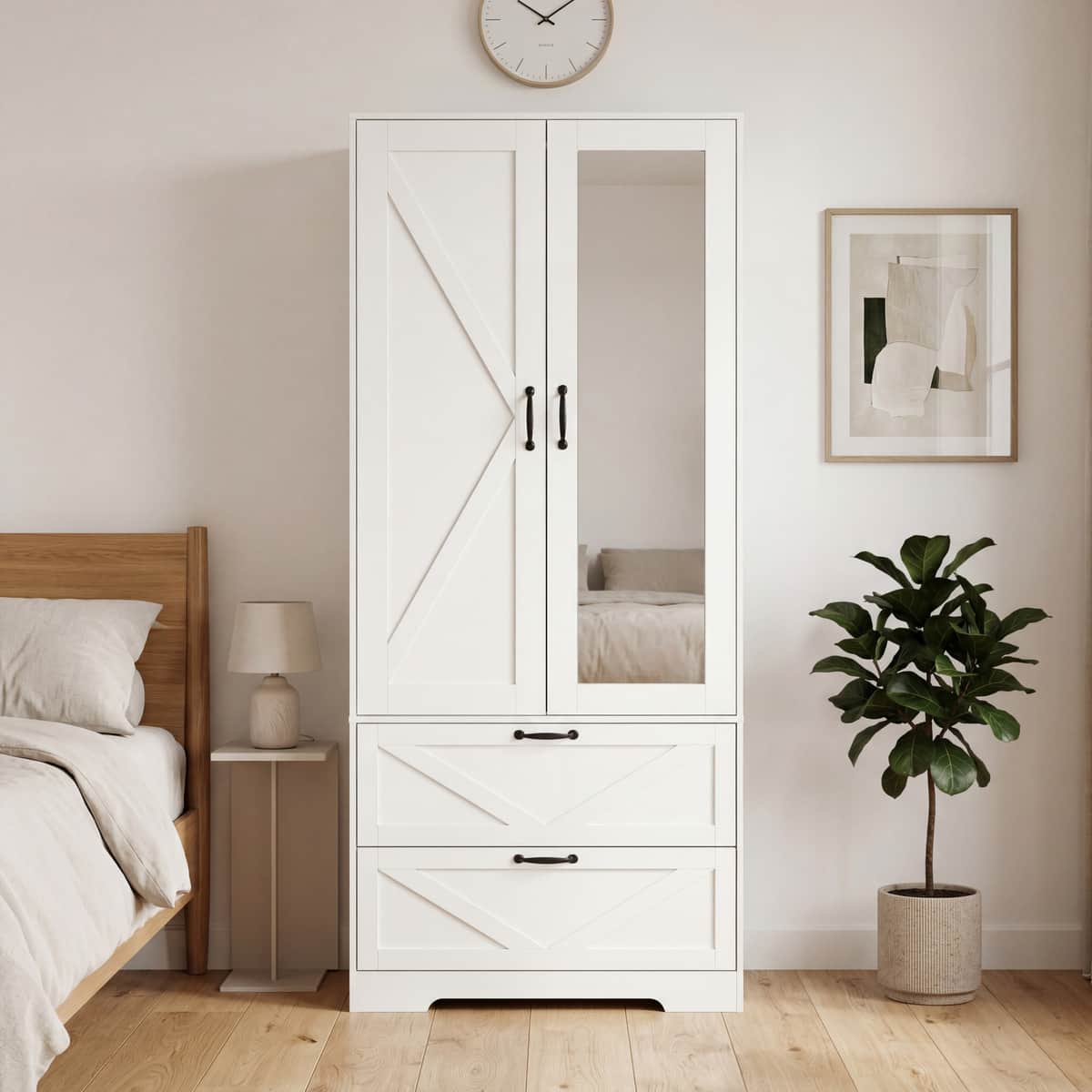 2 Door Wood Wardrobe for Bedroom with Hanging Clothing Rod inside the Cabinet
