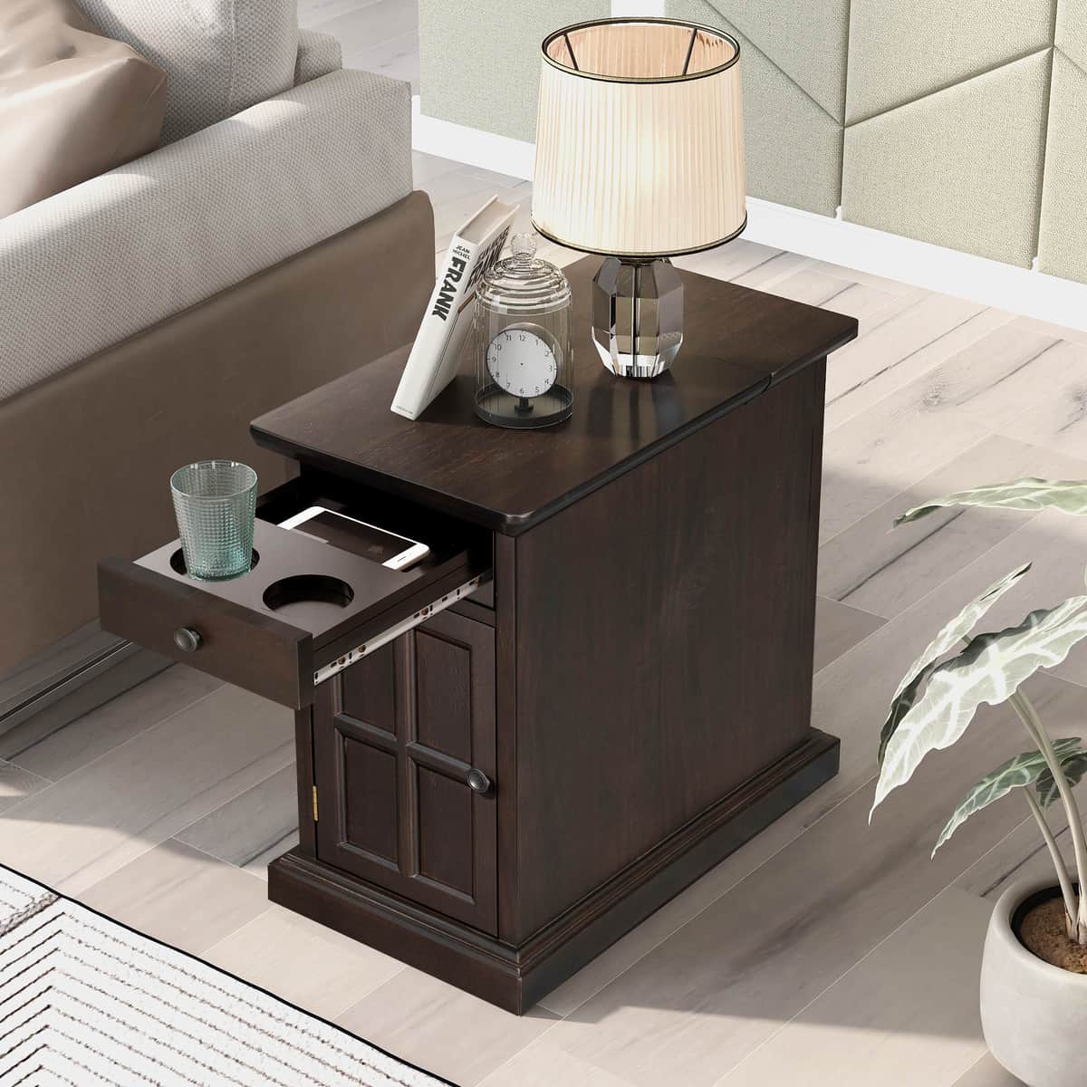 U-Can Classic Vintage Livingroom End Table Side Table with USB Ports and One