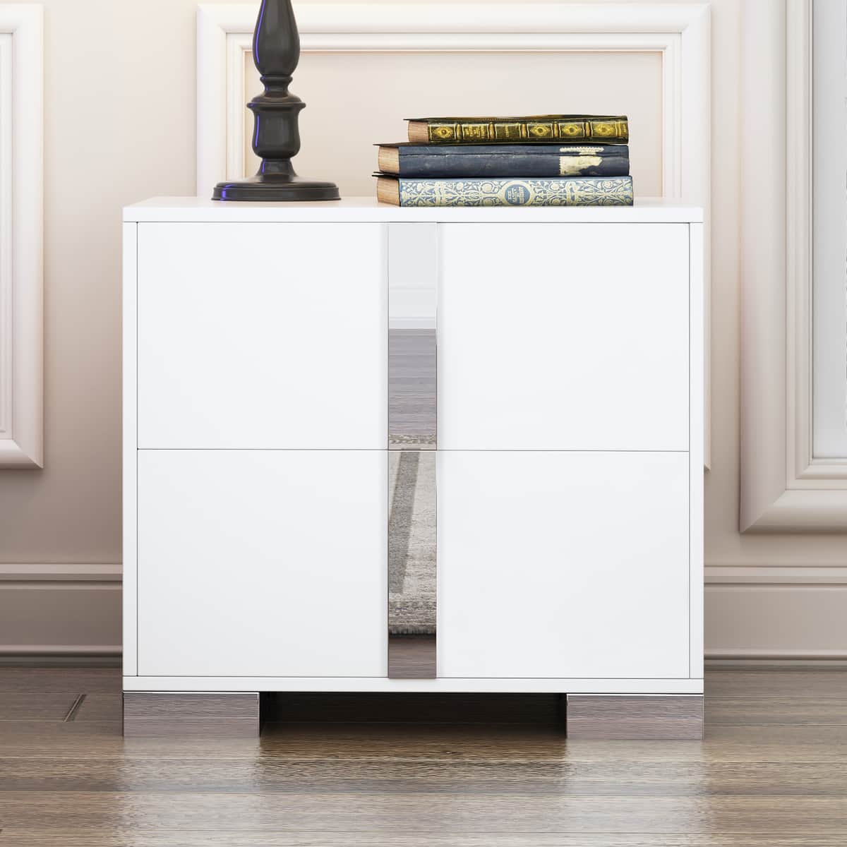 Elegant Nightstand with Metal Foot, Mirrored Bedside Table with 2 Drawers