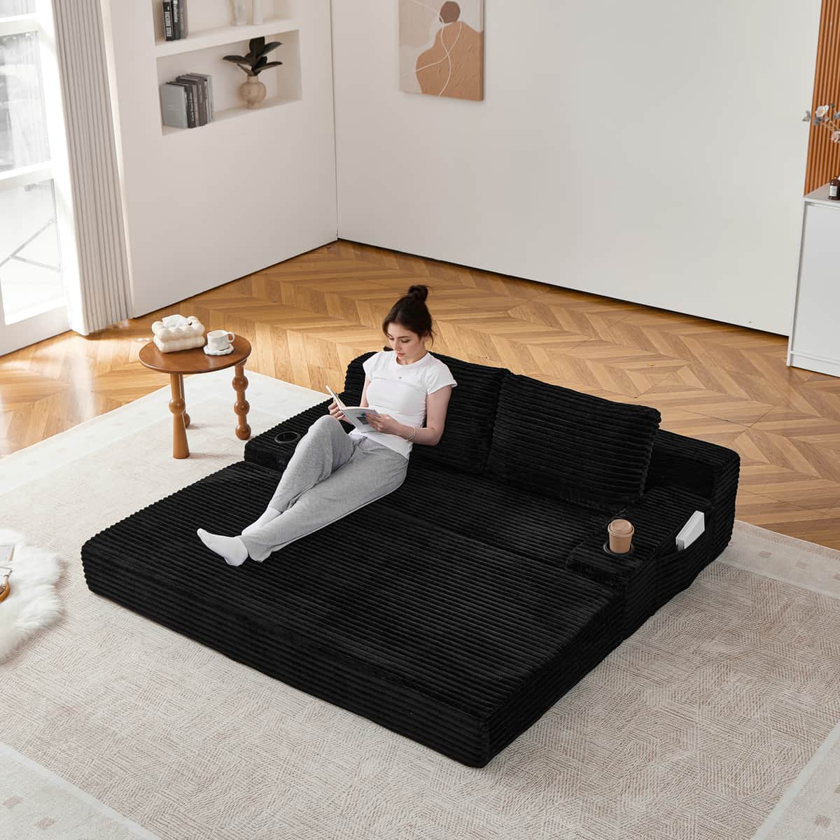 70.8-inch corduroy two-in-one sofa bed, featuring a lounge chair with two throw