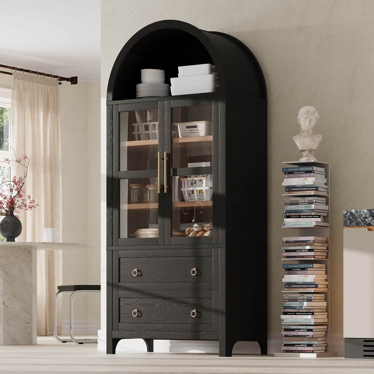 71" Tall Arched Kitchen Pantry Cabinet with 2 Large Drawers, Modern Farmhouse