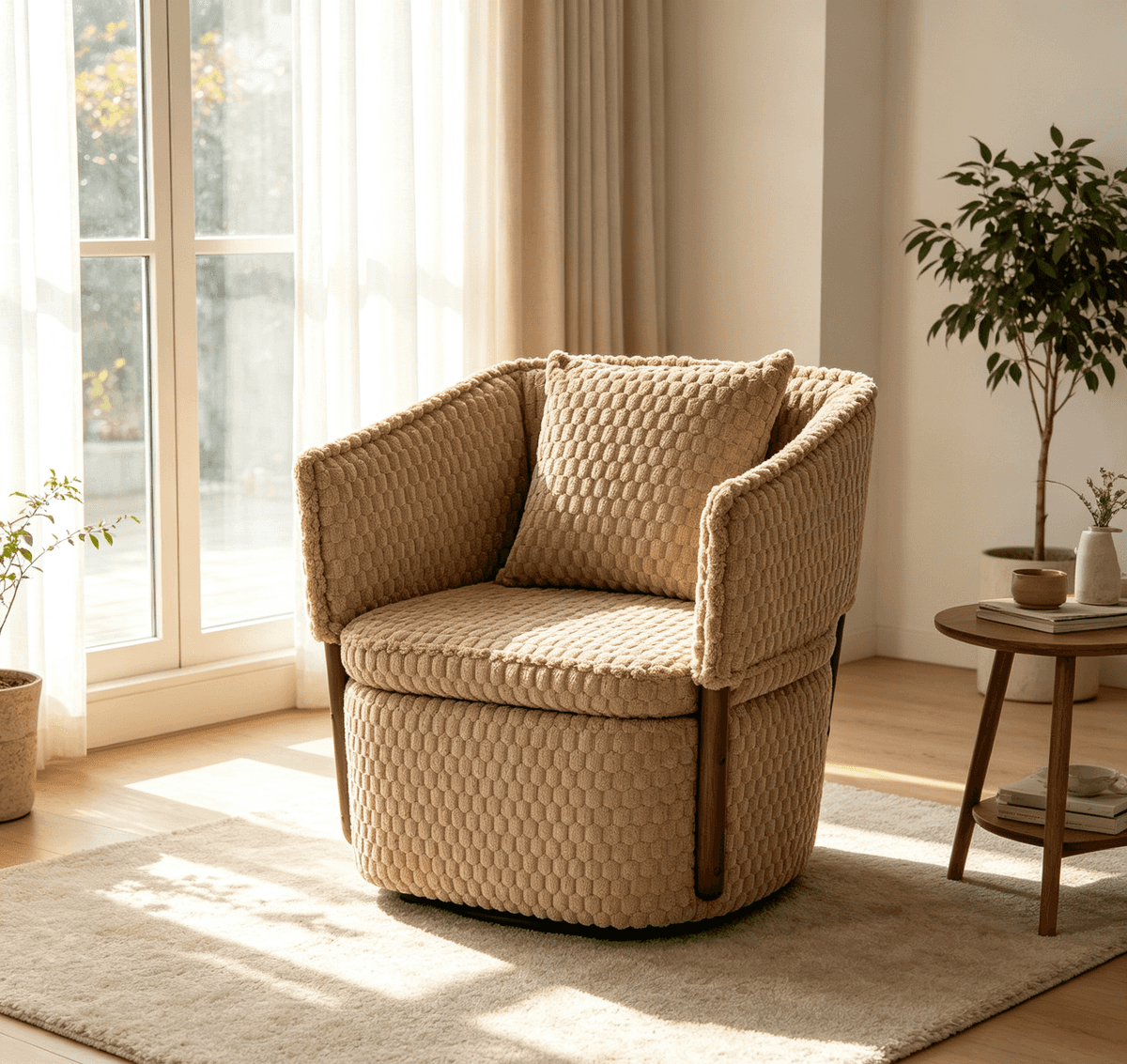 Mid Century Modern Accent Chair with Solid Wood Frame, Upholstered, Swivel