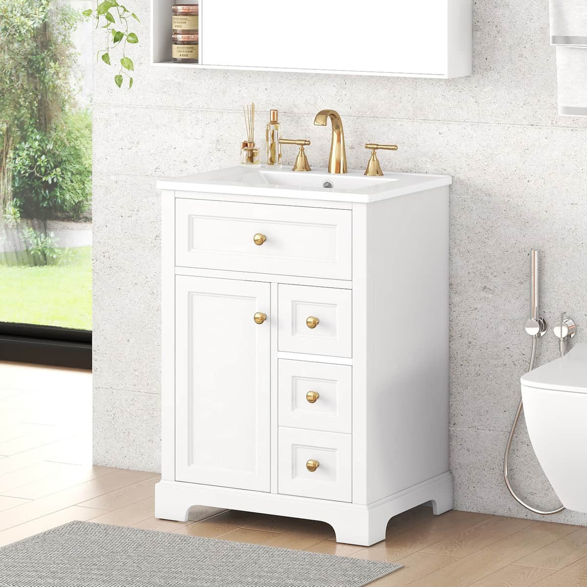 "24'' White Bathroom Vanity with Sink, MDF & Pinewood Construction, 3 Drawers