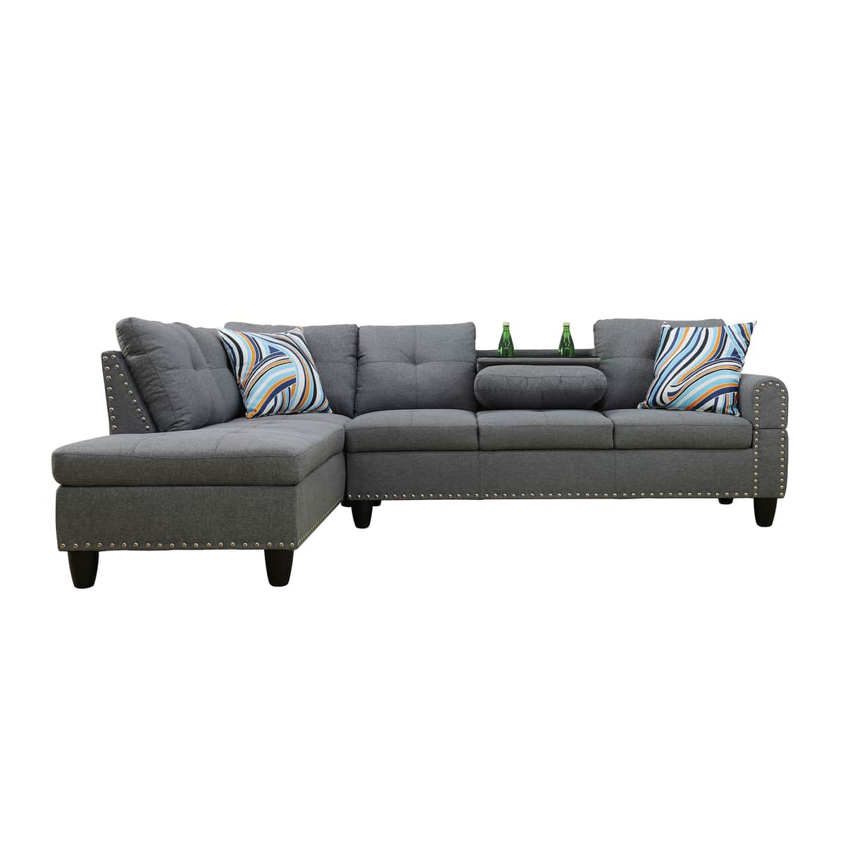 L shape Sectional Sofa Chair with cup holder - Dark Gray